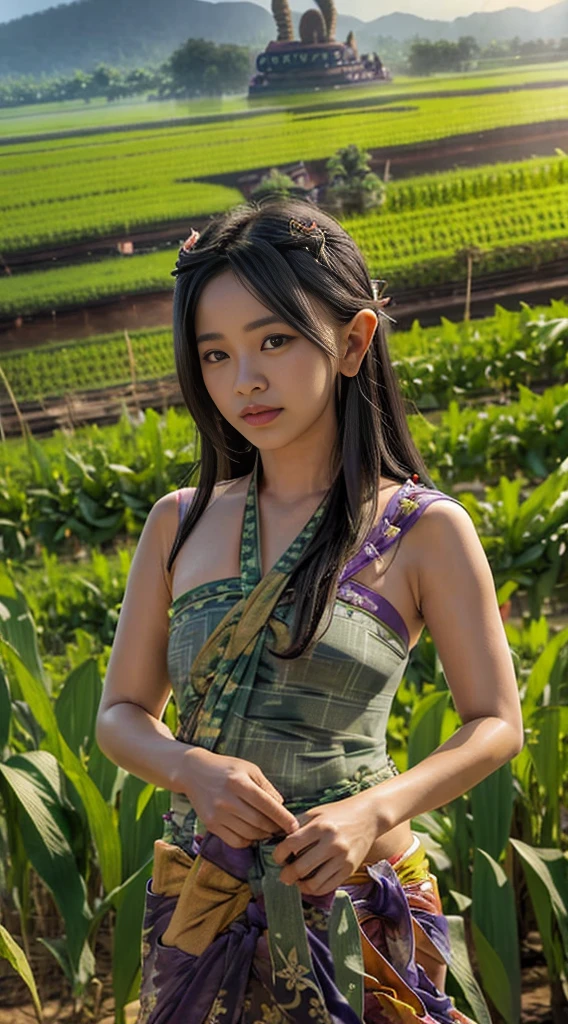 1girls, single, half body portrait, (((Thai sarong:1.4))), bathe, Thai rice field backdrop, Thai folk atmosphere, long-haired, looking at the audience, enormous breasts,