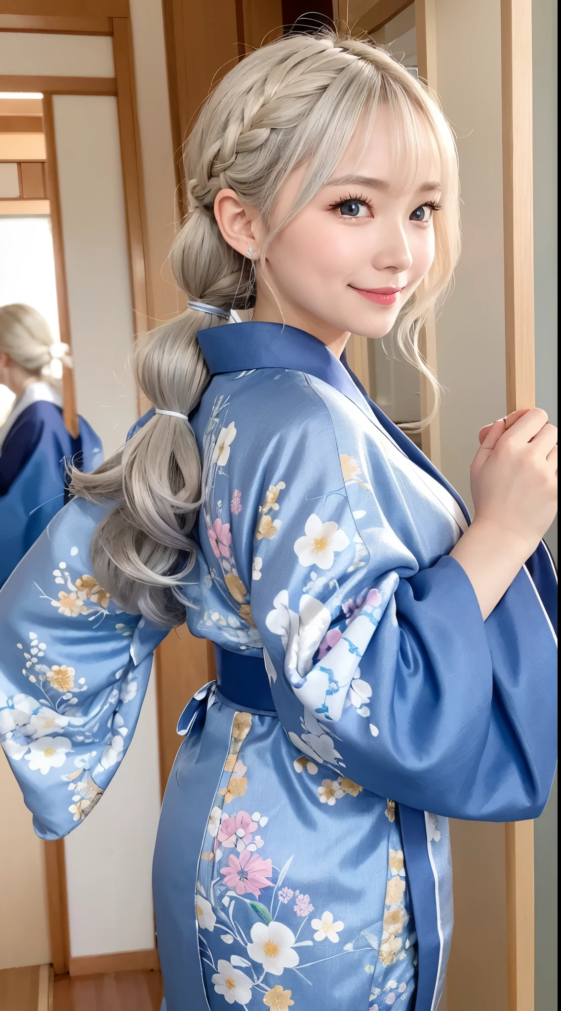 She comes to New Year&#39;s visit wearing a long-sleeved kimono.、Silver-haired braid、Blue eyes、Cute smile、A flashy long-sleeved kimono with a floral pattern、