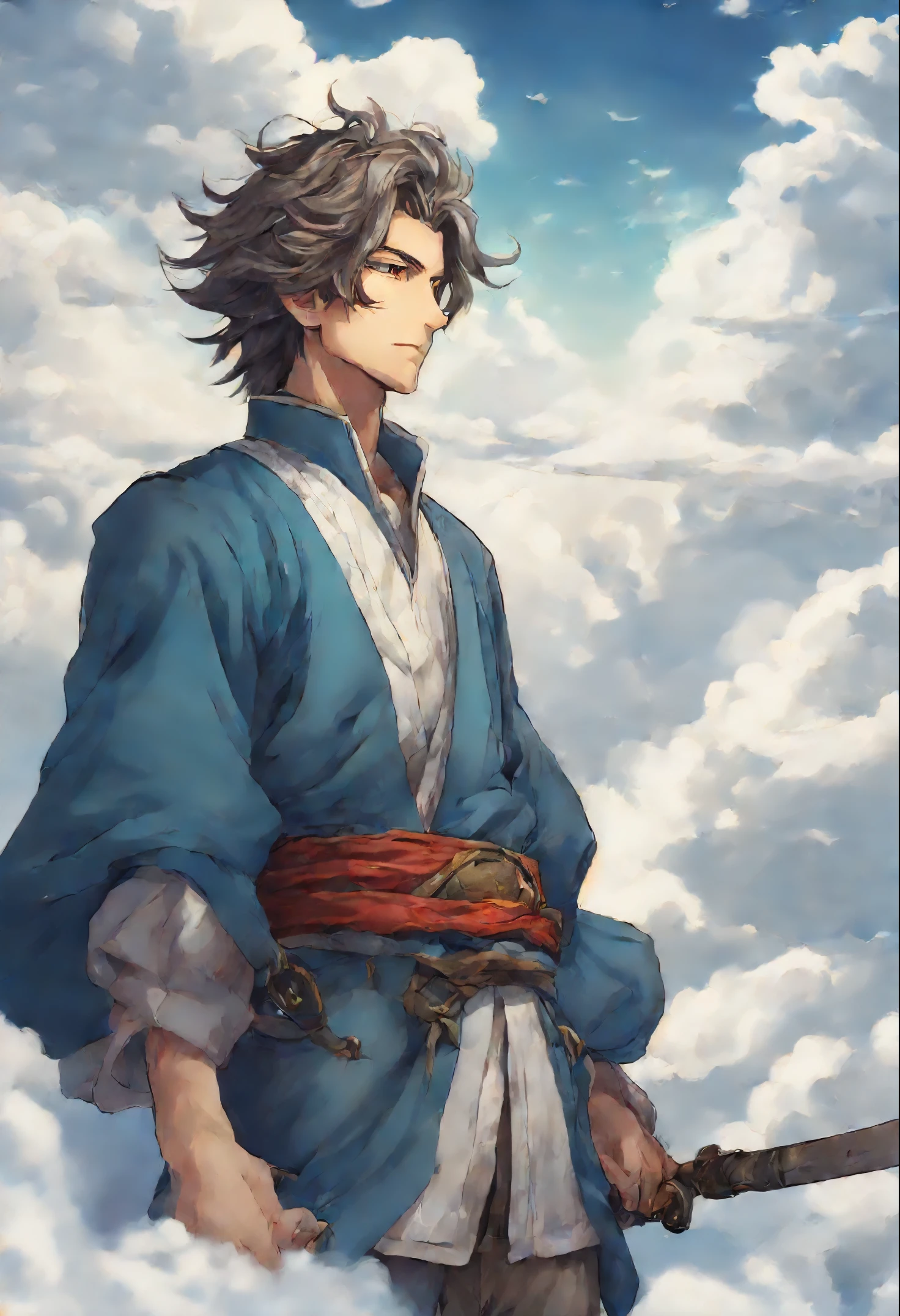 close-up of a man walking on the clouds, Santa clause, fluffy clouds, shaggy clouds, casimir art, shigenori soejima illustration, boris valejo. octopath traveler, detailed anime character art, detailed key anime art, Granblue Fantasy, handsome guy in demon slayer art, Taisho Roman, crisp clear rpg portrait, Masamune Shiro, key anime art