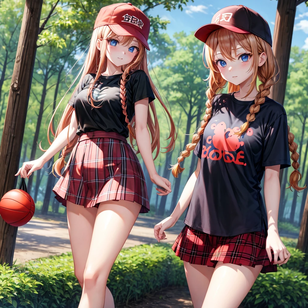 red blonde、blue eyess、Braids、one good looking girl、独奏、animesque、Plaid miniskirt、Black T-shirt、camisole、the woods、Sunlight、Wearing a plaid baseball cap、bare-legged、Tilting your face、Walking