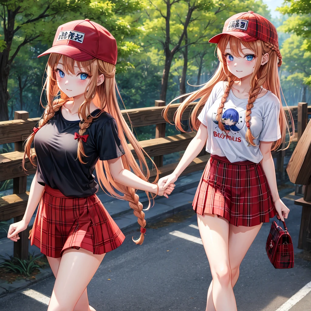 red blonde、blue eyess、Braids、one good looking girl、独奏、animesque、Plaid miniskirt、Black T-shirt、camisole、the woods、Sunlight、Wearing a plaid baseball cap、bare-legged、Tilting your face、Walking