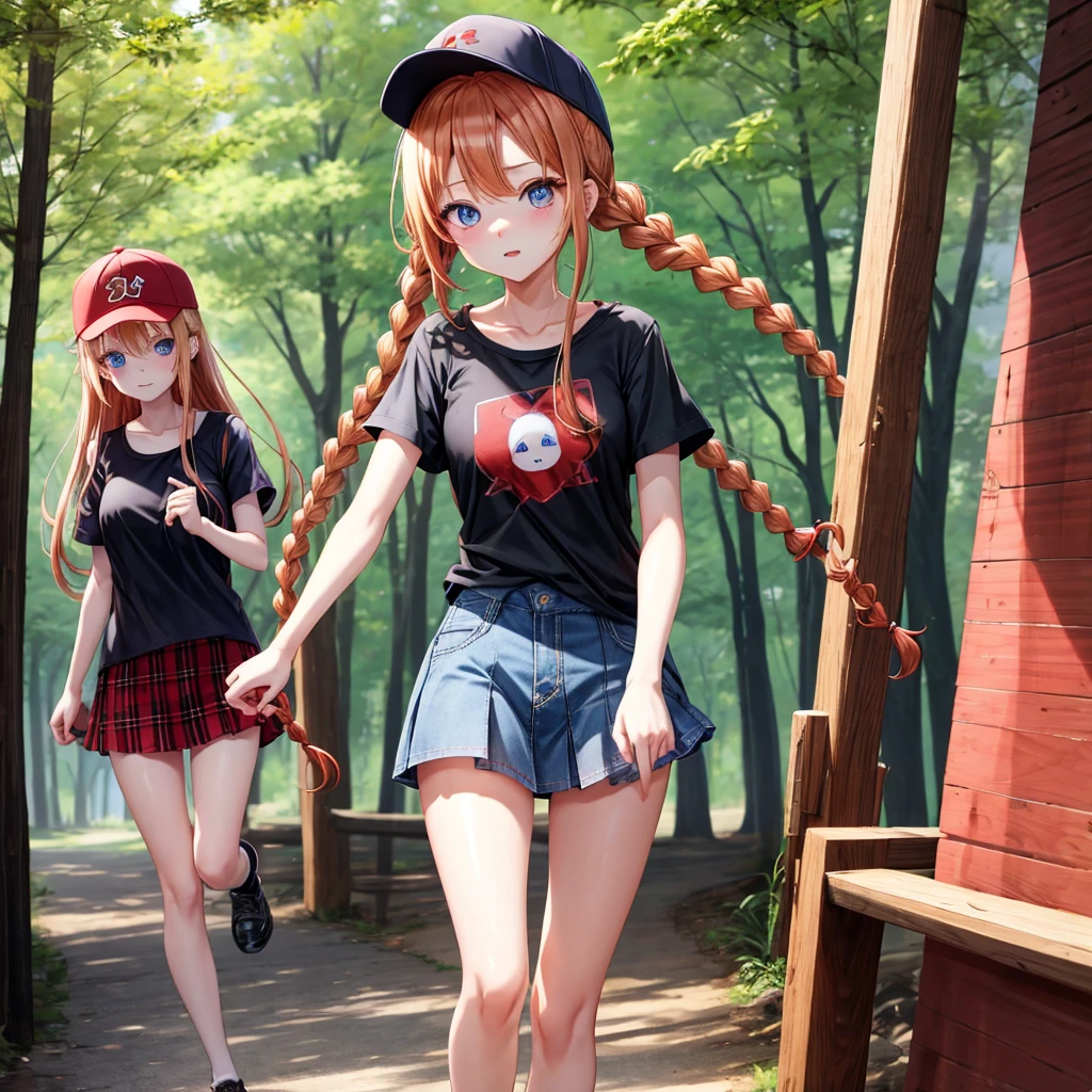 red blonde、blue eyess、Braids、one good looking girl、独奏、animesque、Plaid miniskirt、Black T-shirt、camisole、the woods、Sunlight、Wearing a plaid baseball cap、bare-legged、Tilting your face、Walking