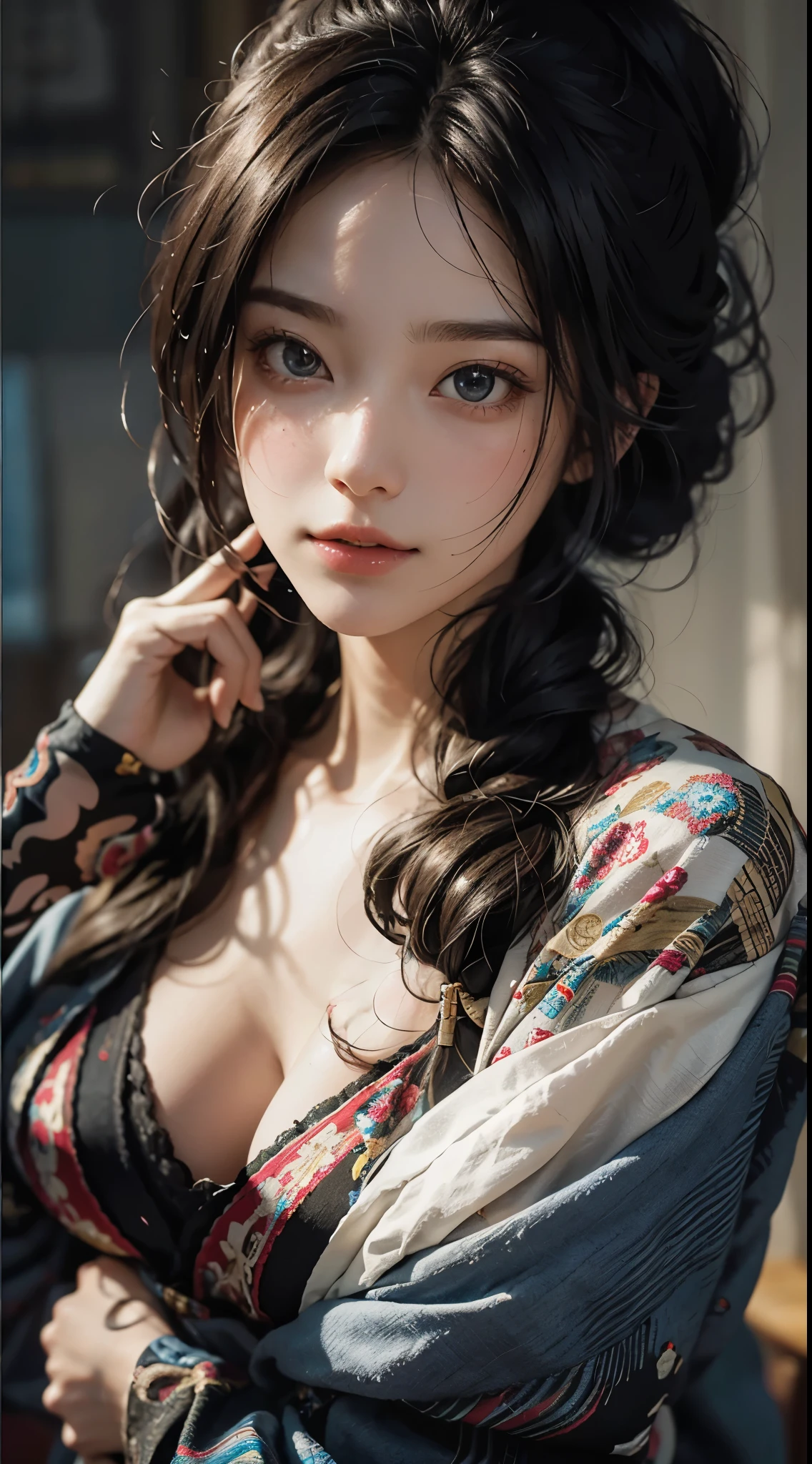 Best Quality, masutepiece, 超A high resolution, (Photorealistic:1.4), Raw photo, 1girl in, Cool costumes, Semi-long chignon hair, Indoor, Summer noon,Detailed eyes,(realisticeyes),delicated face,realskin,detailed hairs,Detailed skin,Beautiful face,fully body photo、