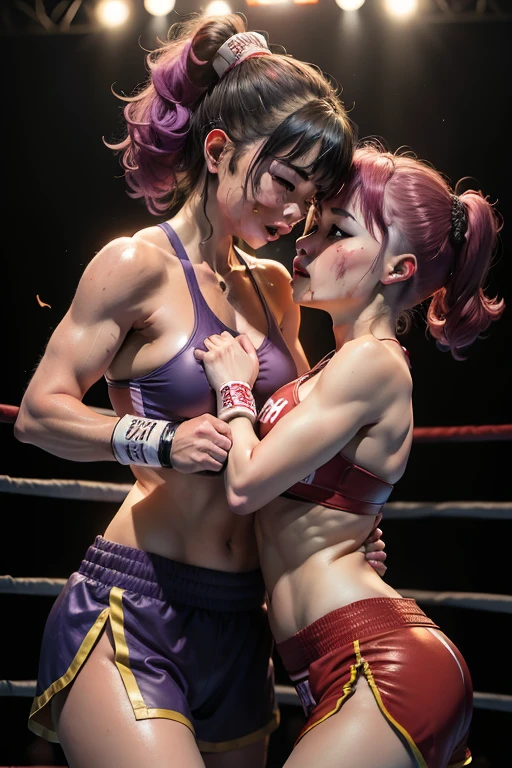 Two women Fighting on the boxing ring, (body wounds, bruised, Bleeding), (don't have clotheeautuful Women，电影灯光, F/2.8, Nikon, 85mm, 4K, A high resolution, tmasterpiece, high detal