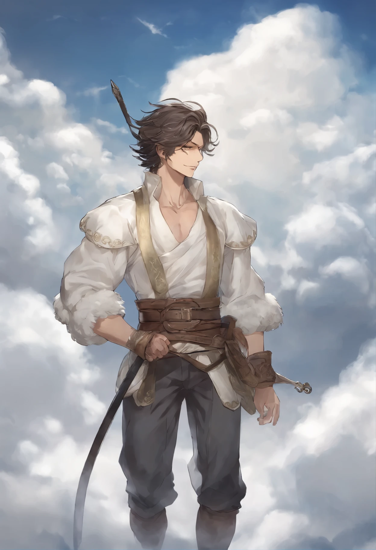 close-up of a man walking on the clouds, Santa clause, fluffy clouds, shaggy clouds, casimir art, shigenori soejima illustration, boris valejo. octopath traveler, detailed anime character art, detailed key anime art, Granblue Fantasy, handsome guy in demon slayer art, Taisho Roman, crisp clear rpg portrait, Masamune Shiro, key anime art