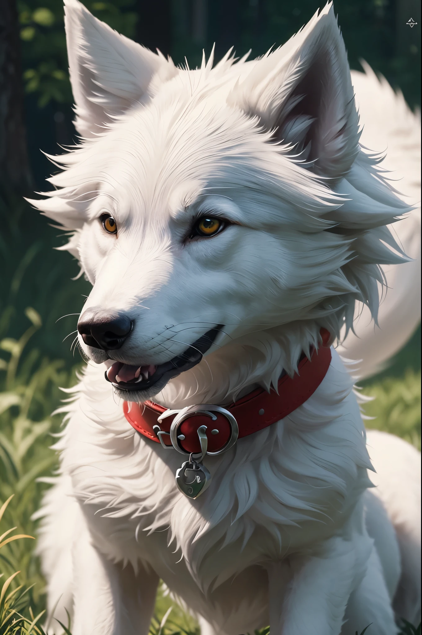 K,There is a small white wolf cub with a red collar and a green ball, cute 3d render, anthropomorphic wolf, rendered in redshift, semi - realistic render, maxwell render, super detailed render, highly detailed render, render naughty dog, hyper realistic detailed rendering, fully detailed render, Adorable Digital Painting, hyper real render, hyper realistic rendering,