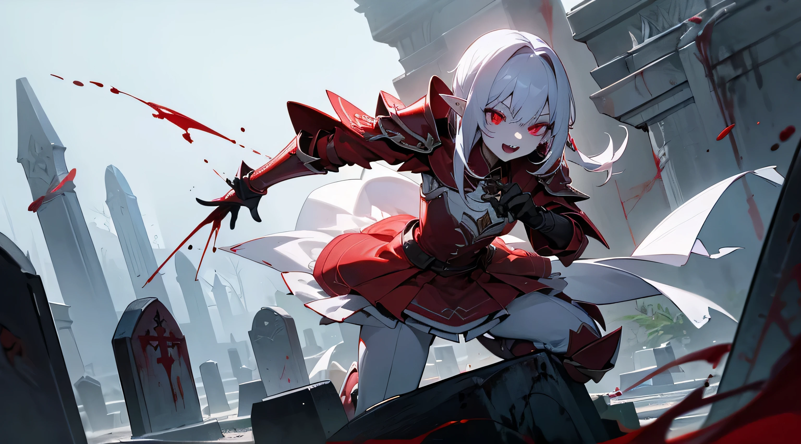 Vampire, femele, purplish white skin, Silver Shorthair, Slender eyes, Red Eyes, long eyeslashes, small mouth, Fangs in the mouth, long pointed ears, Red Full Plate Armor, red heavy armor, Red armor, Sword in right hand, burial site, leaning gravestone, scattered bones, natta, Crescent, starrysky, Bats are flying, (((blood splashing)))