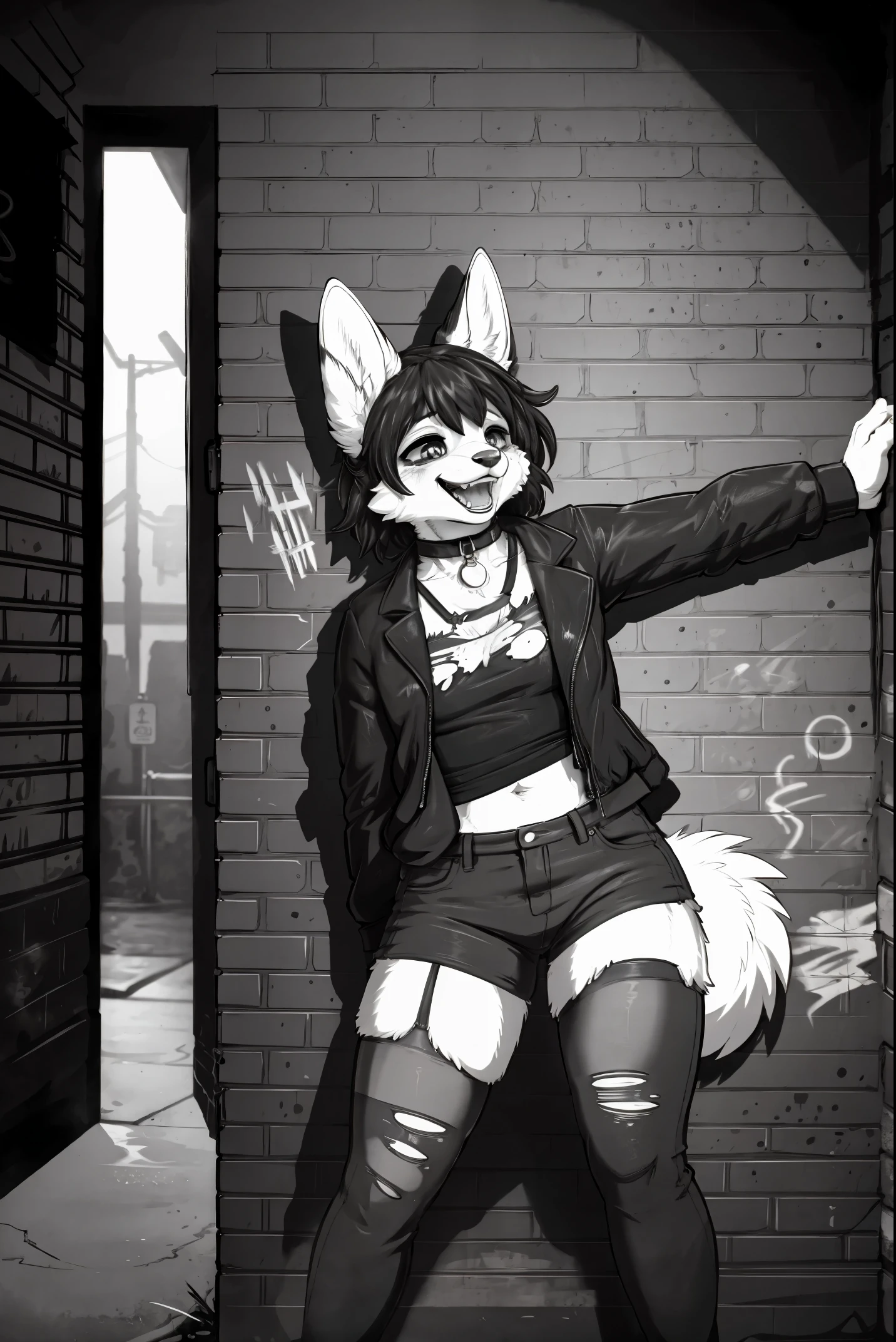 cover page, highres, top quality, best quality, paid reward available, unparalleled masterpiece, perfect artwork, absurdres, High-quality illustrations, laughing, perfect anatomy, lineart, monochrome, 1girl, kemono, furry, anthro, choker, shirt, torn legwear, open jacket, against wall, brick wall, graffiti, dim lighting, alley, dynamic angle,