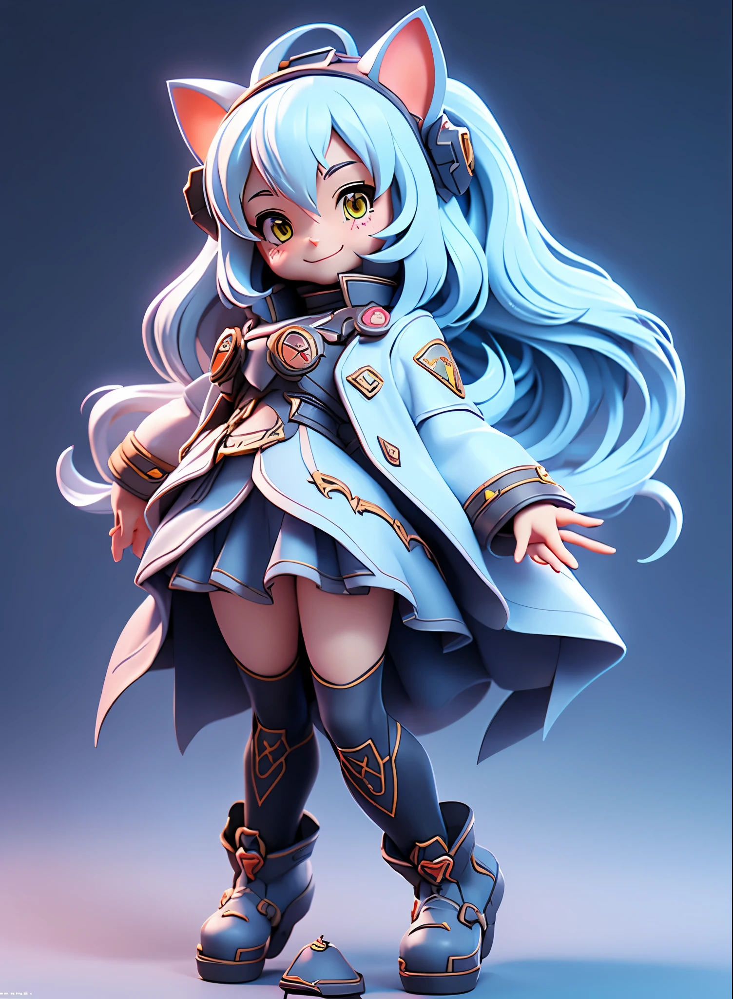 (Dynamic Angle:1.4), ((Full body posing:1.5),Cat Ear Hair Band,Twin-tailed,Light blue long hair,White coat,2. 5 d cgi anime fantasy artwork, Official Character Art, cushart krenz key art feminine, shadowverse character concept, 3 d render official art, anime goddess, jrpg character art, render of a cute 3d anime girl,A sly smile