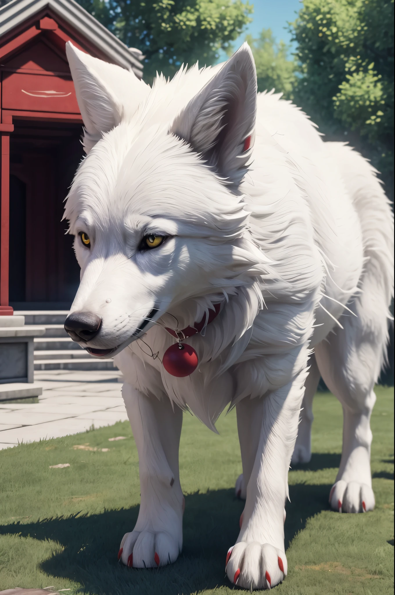 K,There is a small white wolf cub with a red collar and a green ball, cute 3d render, anthropomorphic wolf, rendered in redshift, semi - realistic render, maxwell render, super detailed render, highly detailed render, render naughty dog, hyper realistic detailed rendering, fully detailed render, Adorable Digital Painting, hyper real render, hyper realistic rendering,Background with,In front of the temple altar,