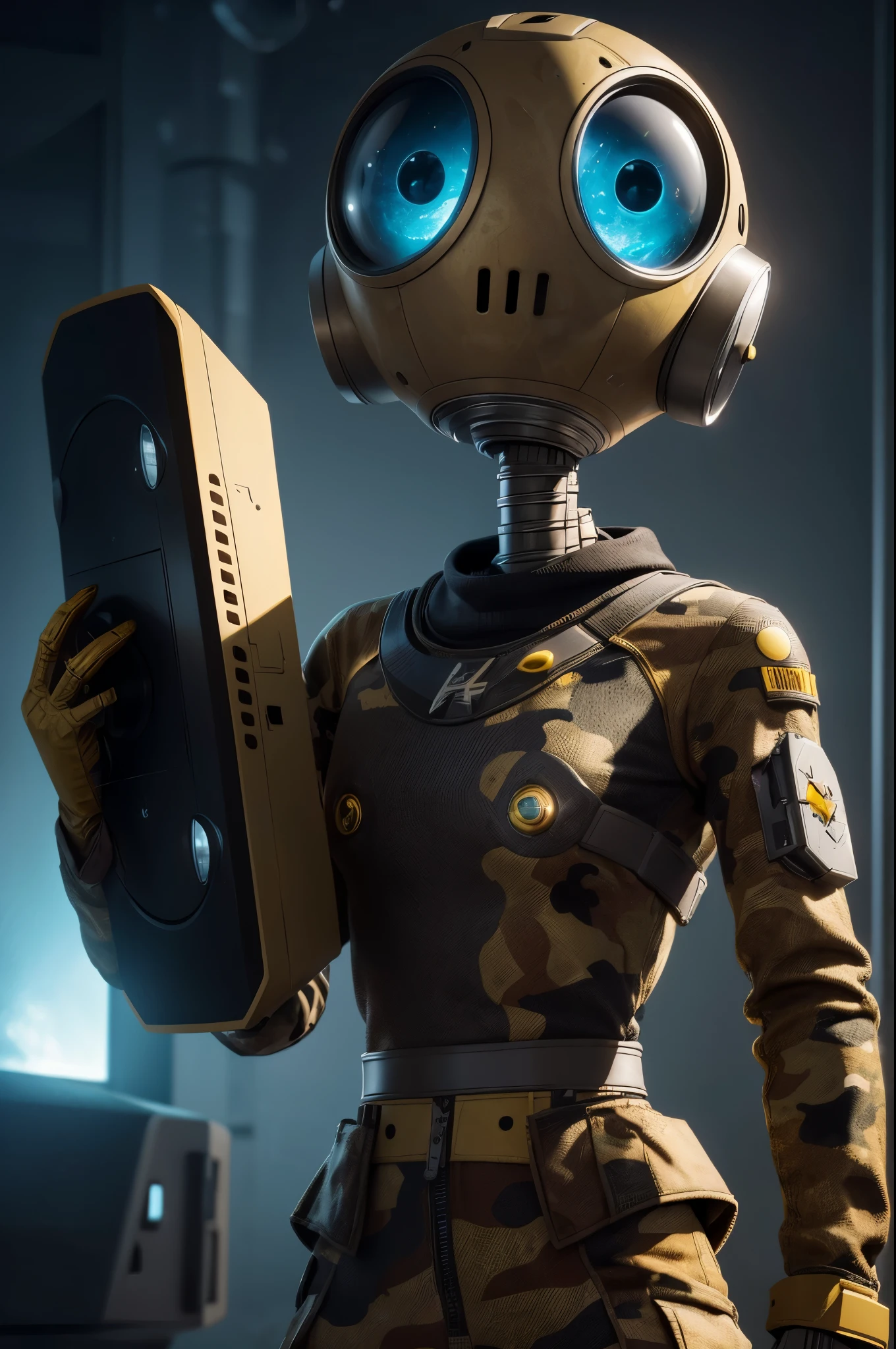 A Modern flat toon Crazy whit a Only Eye Robot, with shield tongs in hands, Tv head, pinhead, camouflage Yellow Rusty, Ambient in a meteorite crater super detailed, center, beautiful, soft lighting, focused on the character, 4K resolution, photorealistic rendering.