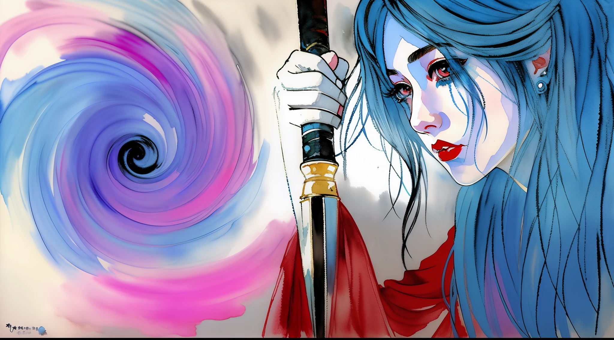 French painting of a blue-haired woman holding a sword upside down, fantasy watercolor painting, Inspired by Tadanori Yokoo, Color screen tones, Snow woman’s sharp gaze, Inspired by Ryūkōsai Jokei, expressive digital painting