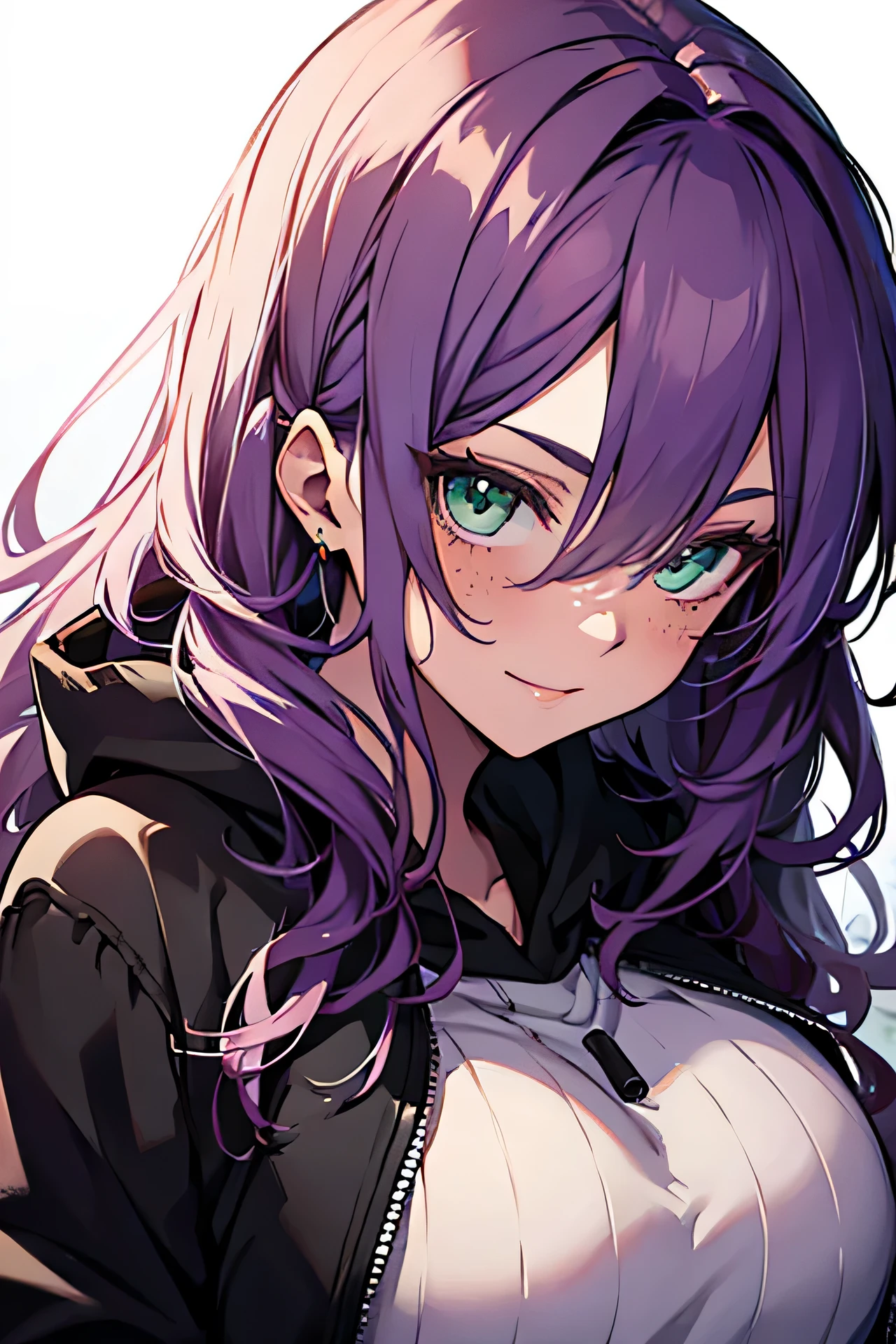 (masterpiece, highres, high resolution:1.2), anime 20 yo girl, portrait, shoulders up, illustration. drawn, violet hair woman, green eyes, blushing, shy, solo, evil smile, freckles, big lips, huge breasts, perfect body, wearing a hoodie, anime girl, no hands
