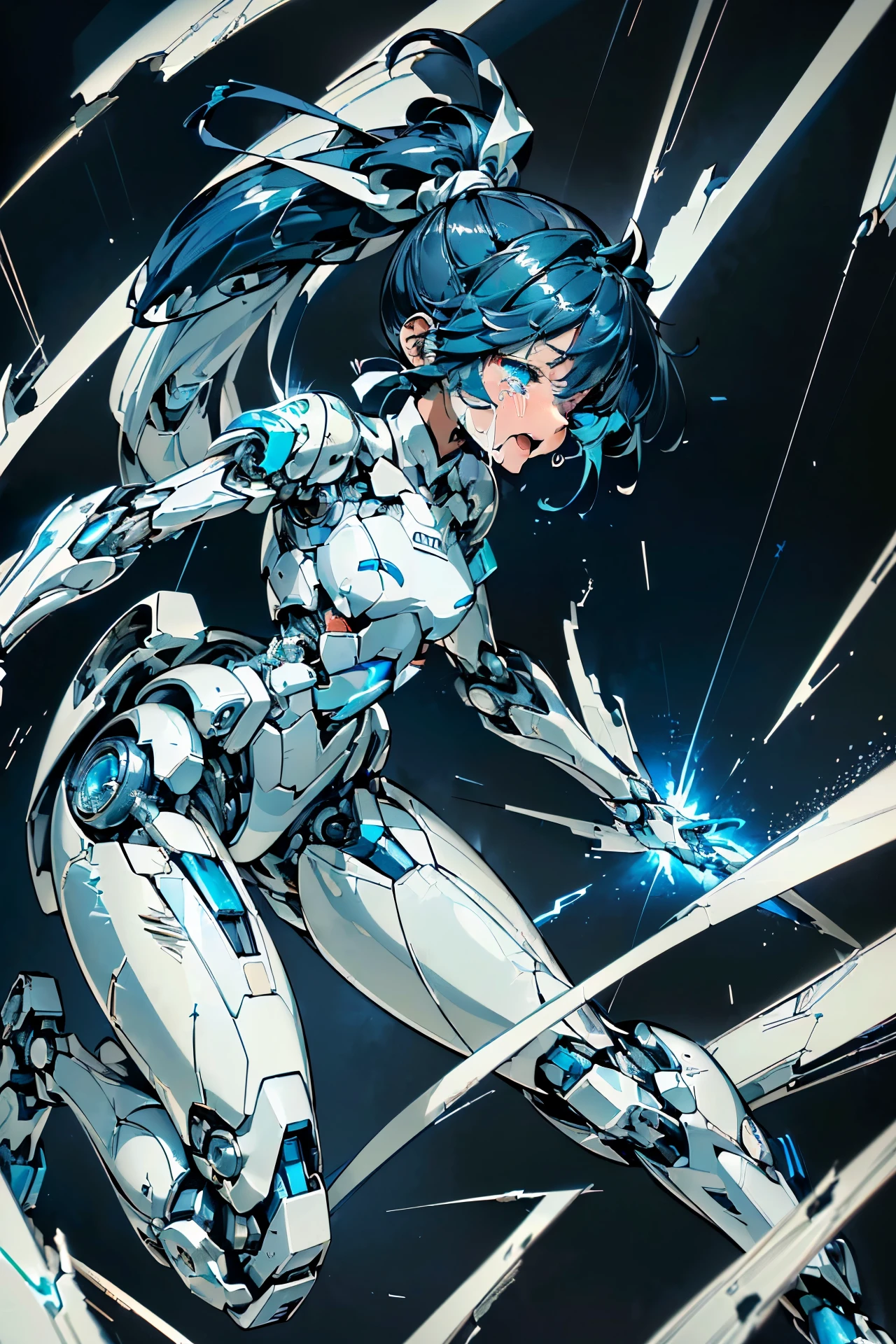(((masterpiece))), (((Best Quality))), (((high quality))), (((beautiful))), (((8K))), (((highres))), (((absurdres))), (((exquisite))), (((Ultra high definition))), (((High resolution))), Girl Robot, (:1.4), (Gamine:1.5), (small breasts:1.4), (Highly detailed and extremely complex mechanics:1.4), (Highly detailed eye depiction:1.4), (Streamlined body based on pure white1.4), White and navy blue pilot suit, White and navy blue tight-fitting clothing, White and navy blue shoulder cover clothes, White and navy blue shiny clothes, navy blue tight fit pants, White and navy blue thigh cover pants, (Super drooping eyes:1.4), (Machine body:1.4), (Mechanical joints:1.4), (A super complex machine visible through its joints:1.4), (Dark blue hair ponytail:1.4), (A long pure white cloth ribbon waving in the wind tied into her hair.:1.4), mecha musume, Mechanical parts, Robot joints, Headgear, (There are many cracks and scratches on the body and thighs.:1.5), (There are many cracks and scratches on the body and thighs.:1.4), (A battered body with many scratches and cracks:1.4), (A battered body with many scratches and cracks:1.5), (Being hit in the side with a club:1.4), (Being hit in the side with a club:1.5), (My overheated body exploded:1.4), (It exploded, spewing out a large amount of flame from its overheated body.:1.5), (The body overheated and exploded.:1.4), (body divided into pieces:1.5), (A large amount of flame erupts from the cracks in the body and from the mouth.:1.5), (Mouth open:1.4), (Both eyes are closed:1.4), (Close both eyes:1.4), (Crying hard:1.4), (Get down on both knees:1.4), (From Side:1.3), (Looking away:1.3)