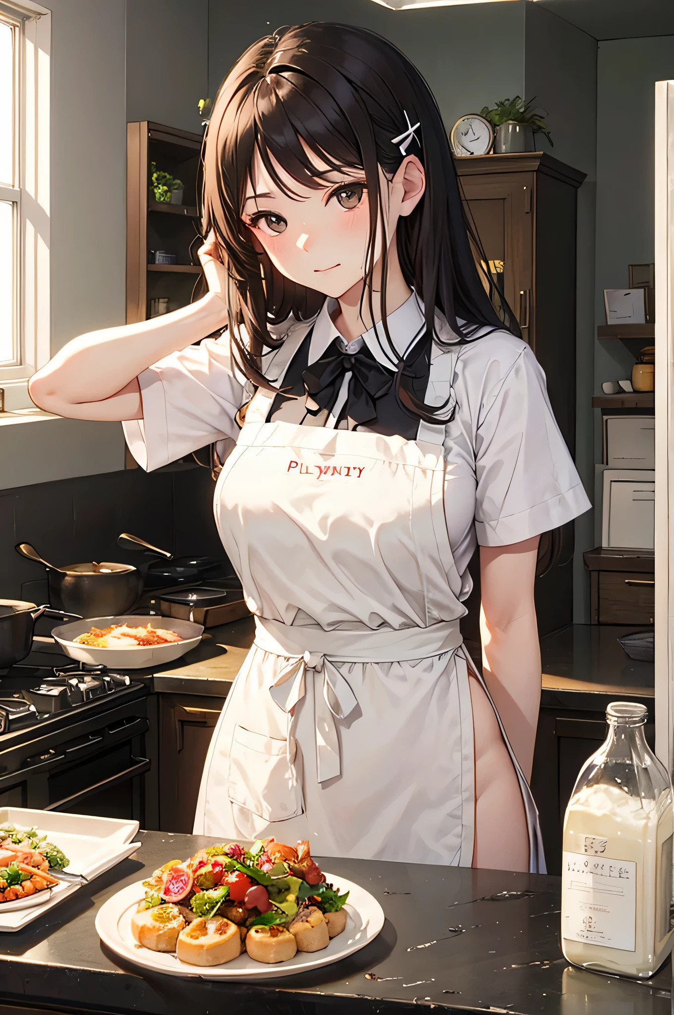 NAKED Apron、brown haired、Hairpin、cuisine、独奏、delicated face、Focus on the face、Plump breasts、Sunlight from the window、Embarrassed face