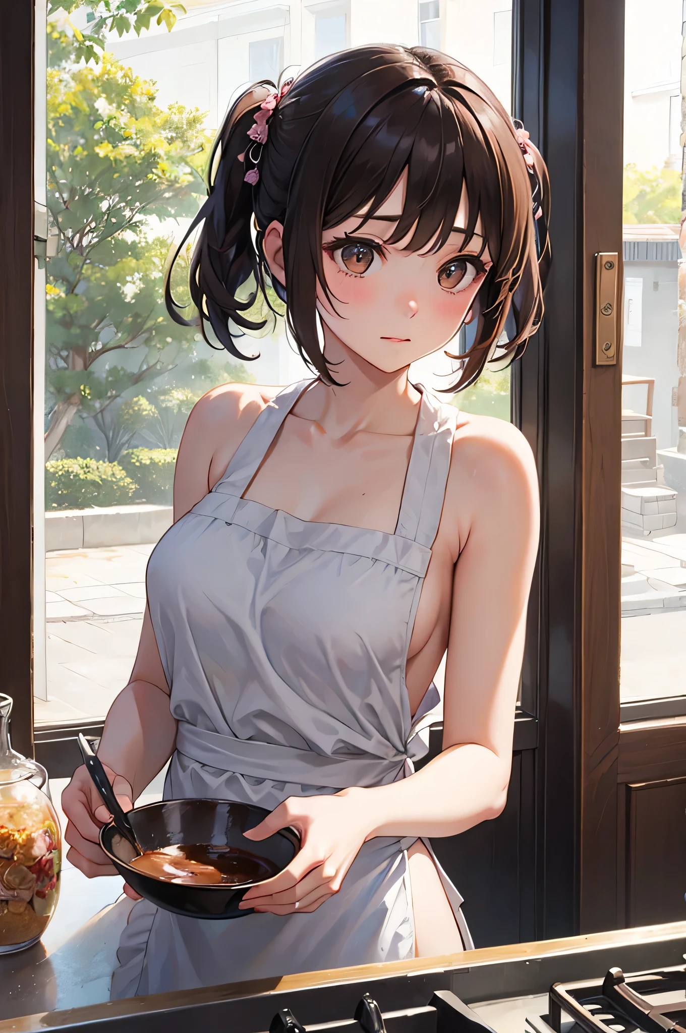 NAKED Apron、brown haired、Hairpin、cuisine、独奏、delicated face、Focus on the face、Plump breasts、Sunlight from the window、Embarrassed face