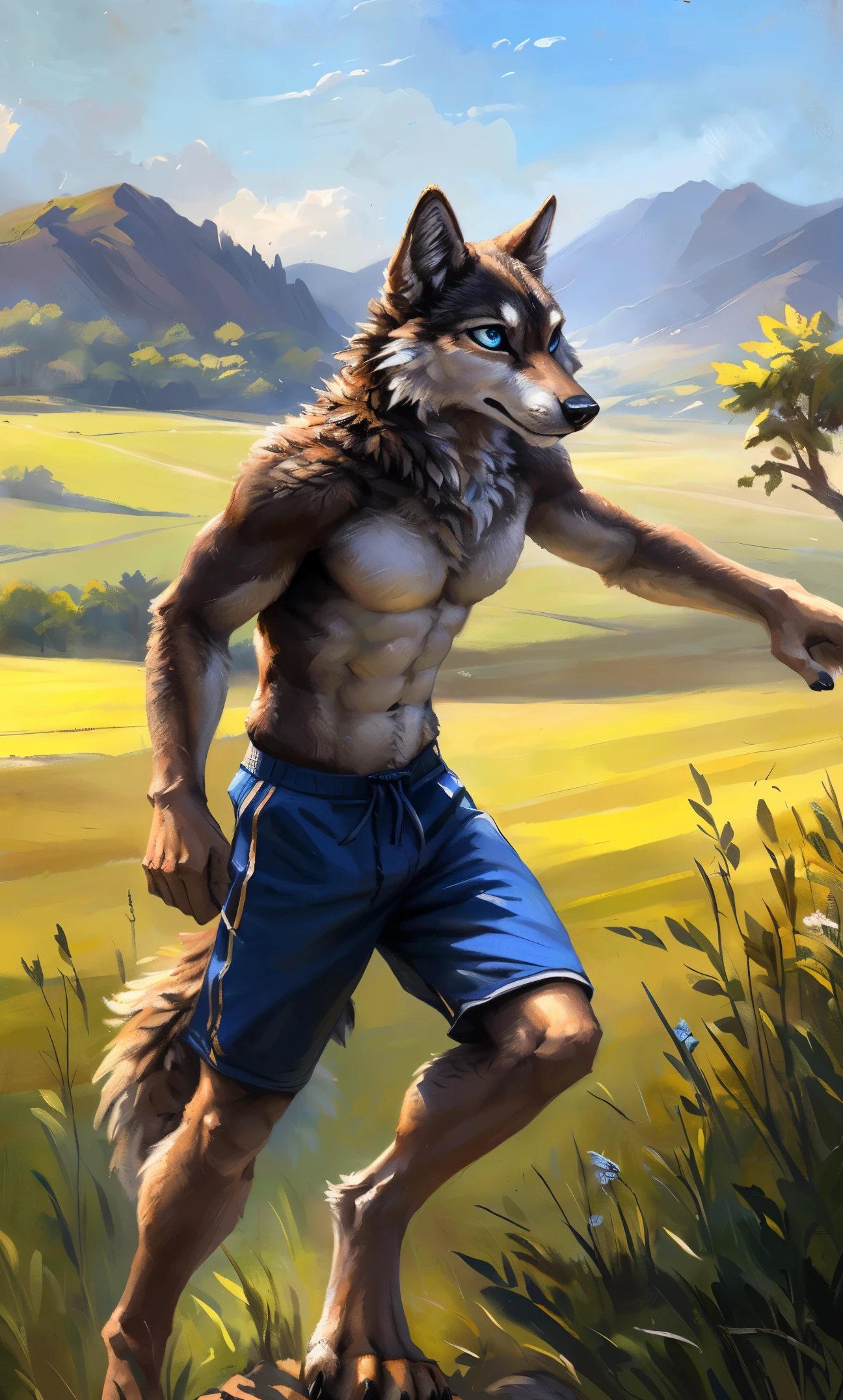 ((Solo)), male people, anthro wolf, (Multi-colored fur, White-brown:1.3，White tail pointed), (Height 2.1m,Tail length 1.2m), ((Wolf face, Big eyes, White eyelids, Blue pupil, Slim:1.2) (Tough, Calm expression:1.2)), Abs, Slim, pinging)), (Correct anatomy), (Work shorts:1.1), The upper body  naked, (detailed outfits),A long big tail，Feet，(Realistic fur, Detailed fur texture, labeled:1.3)), (Natural lighting), Photorealistic, Hyperrealistic, ultradetailed, by Kenket，Field，erect through，Running on