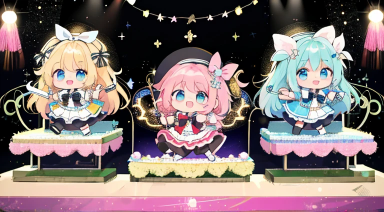 multiple girls、Cute little、Idol groups、stage、tmasterpiece、topquality、topquality изображения、bow ribbon、frilld