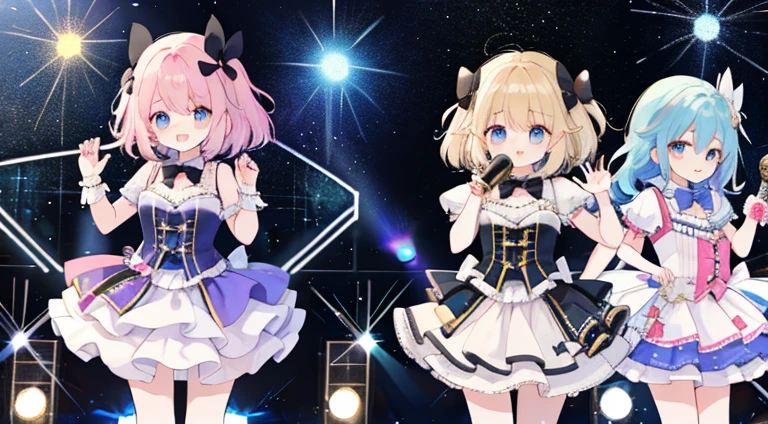multiple girls、Cute little、Idol groups、stage、tmasterpiece、topquality、topquality изображения、bow ribbon、frilld