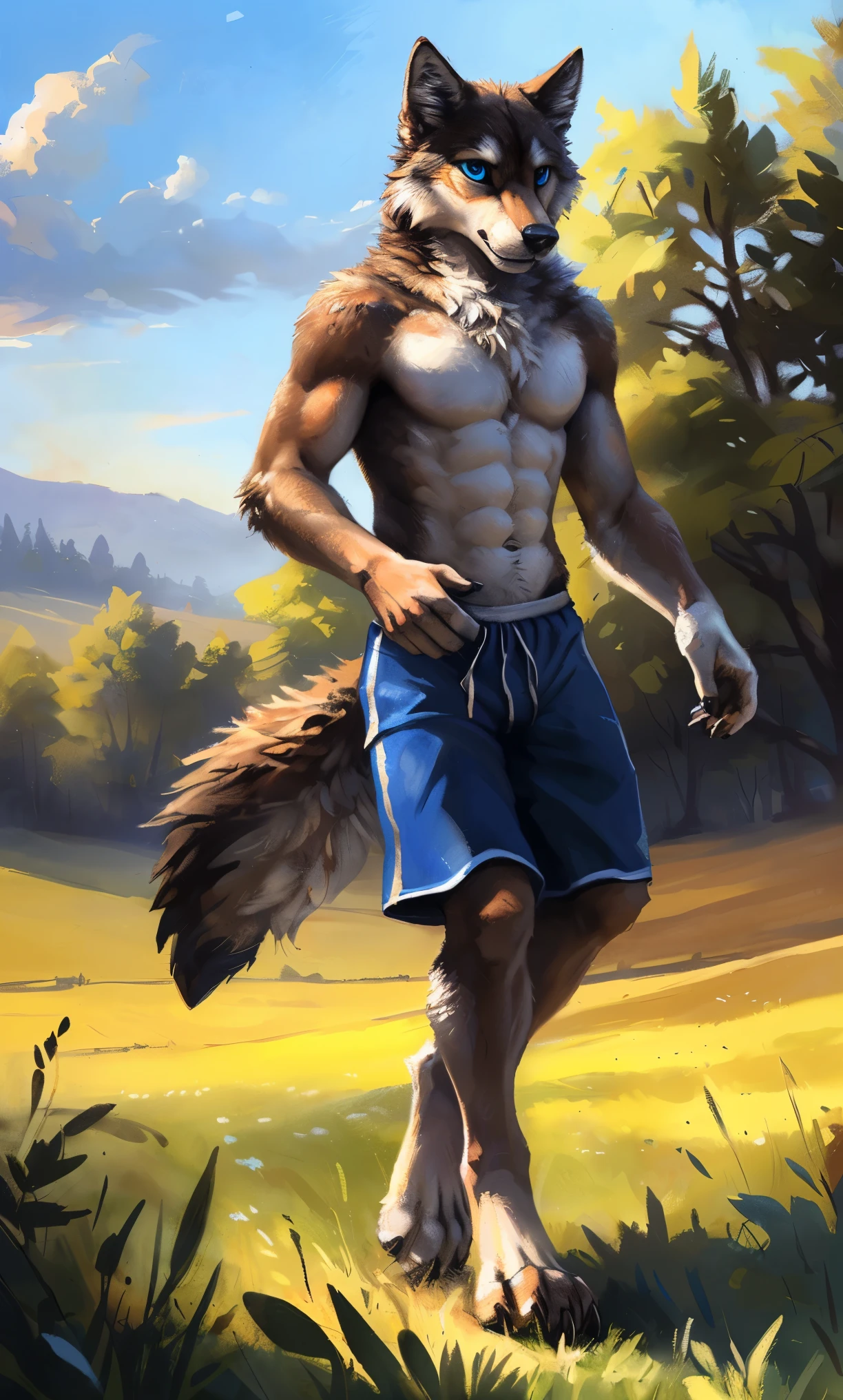 ((Solo)), male people, anthro wolf, (Multi-colored fur, White-brown:1.3,White tail pointed), (Height 2.1m,Tail length 1.2m), ((Wolf face, Big eyes, White eyelids, Blue pupil, Slim:1.2) (Tough, Calm expression:1.2)), Abs, Slim, pinging)), (Correct anatomy), (Work shorts:1.1), The upper body naked, (detailed outfits),A long big tail,Feet,(Realistic fur, Detailed fur texture, labeled:1.3)), (Natural lighting), Photorealistic, Hyperrealistic, ultradetailed, by Kenket,Field,erect through,Running on