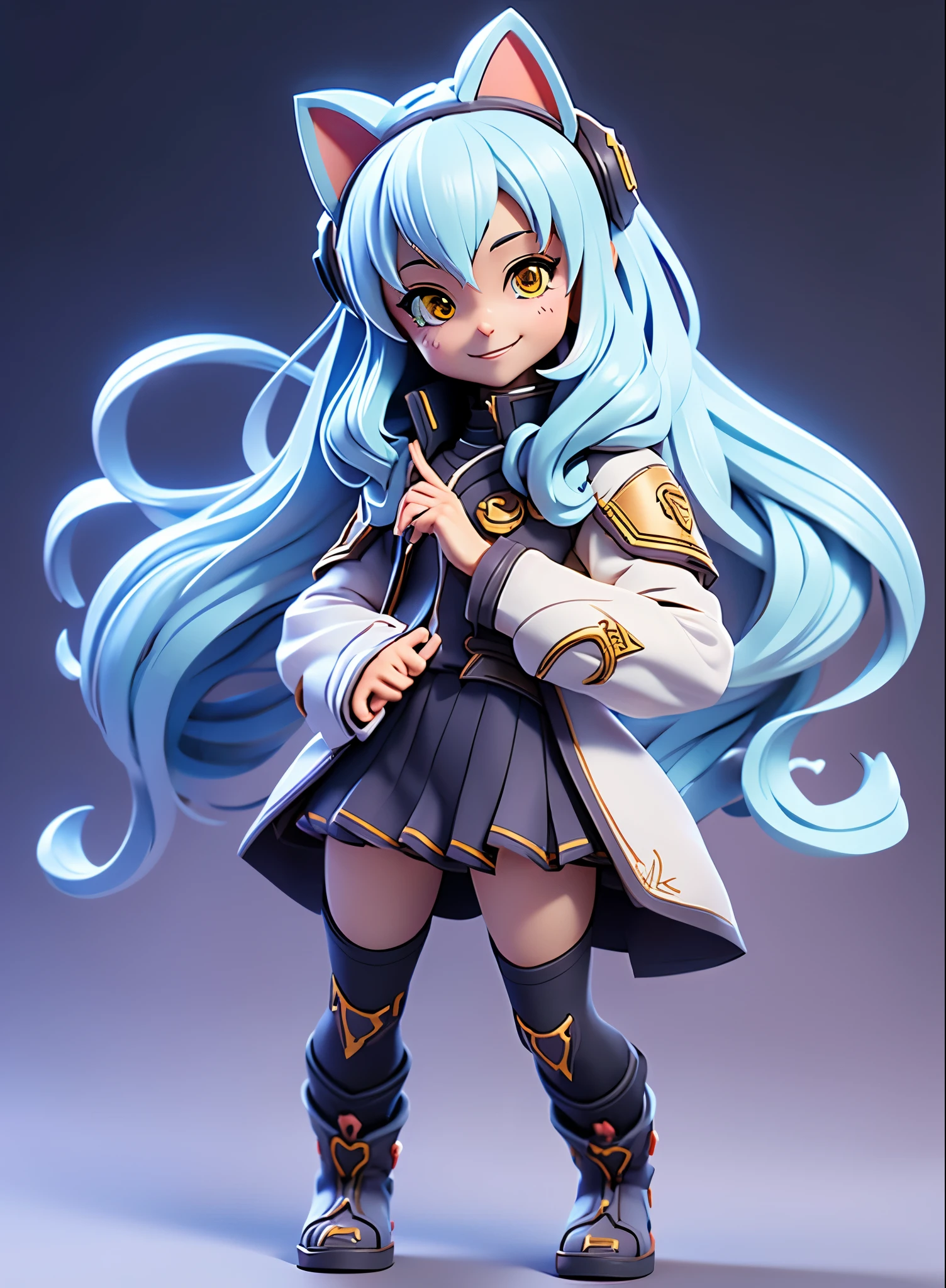 (Dynamic Angle:1.4), ((Full body posing:1.5),Cat Ear Hair Band,Twin-tailed,Light blue long hair,White coat,2. 5 d cgi anime fantasy artwork, Official Character Art, cushart krenz key art feminine, shadowverse character concept, 3 d render official art, anime goddess, jrpg character art, render of a cute 3d anime girl,A sly smile