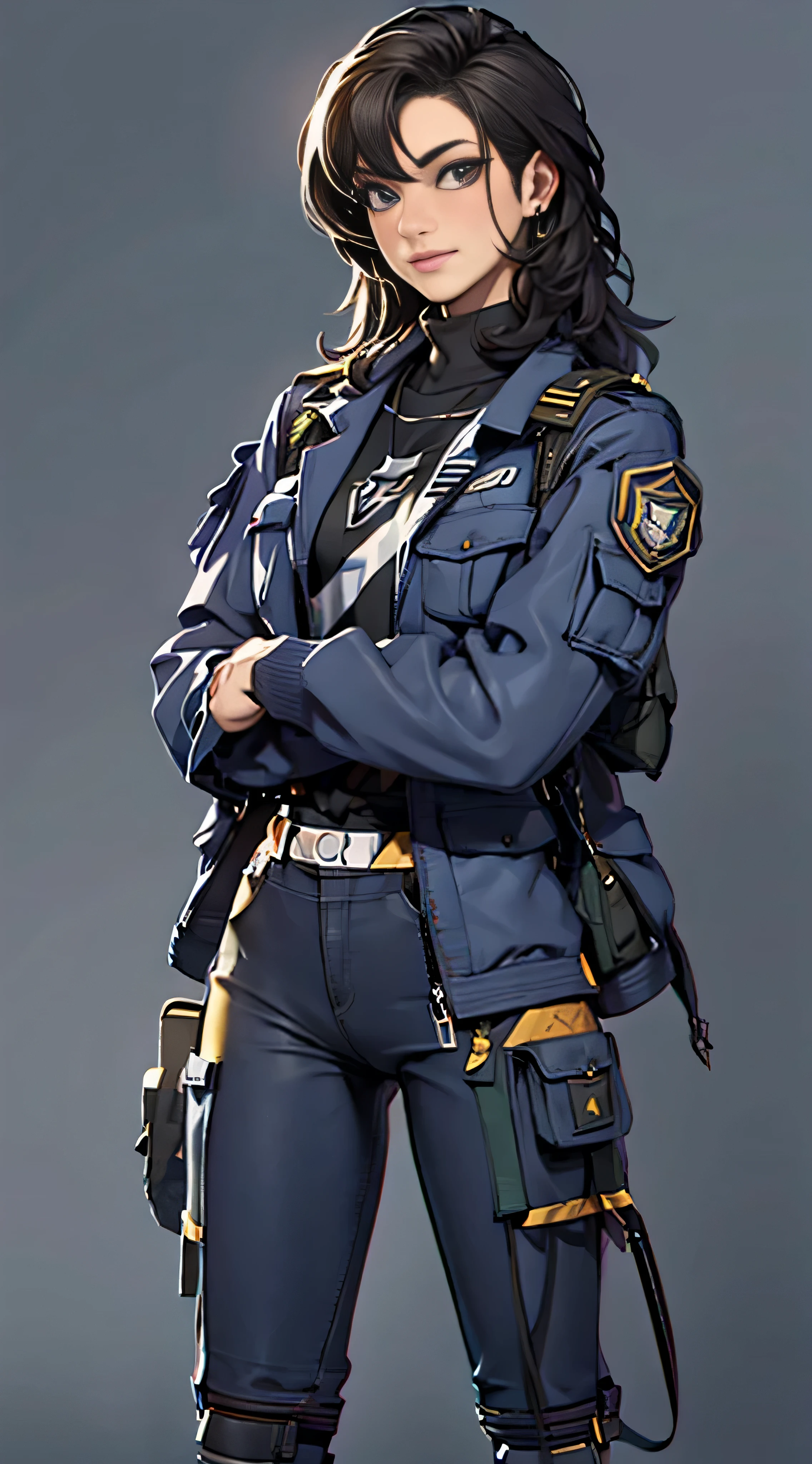 11:23(((Best quality at best: 1.4))),(Unbeatable masterpiece), (hyper HD),(Hyper-realistic 8k CG)、(dark colored hair) ((( body))), (((1 girl in))), 25-year-old American soldier with perfect body,,Beautiful and well-groomed face,muscular body:1.2,Solid royal blue jacket with details, (Pictures from head to thighs), Complex equipment, royal blue,long trousers,The clothes inside are dark,Clothes with armored metal electronic parts, Poison tattoos )