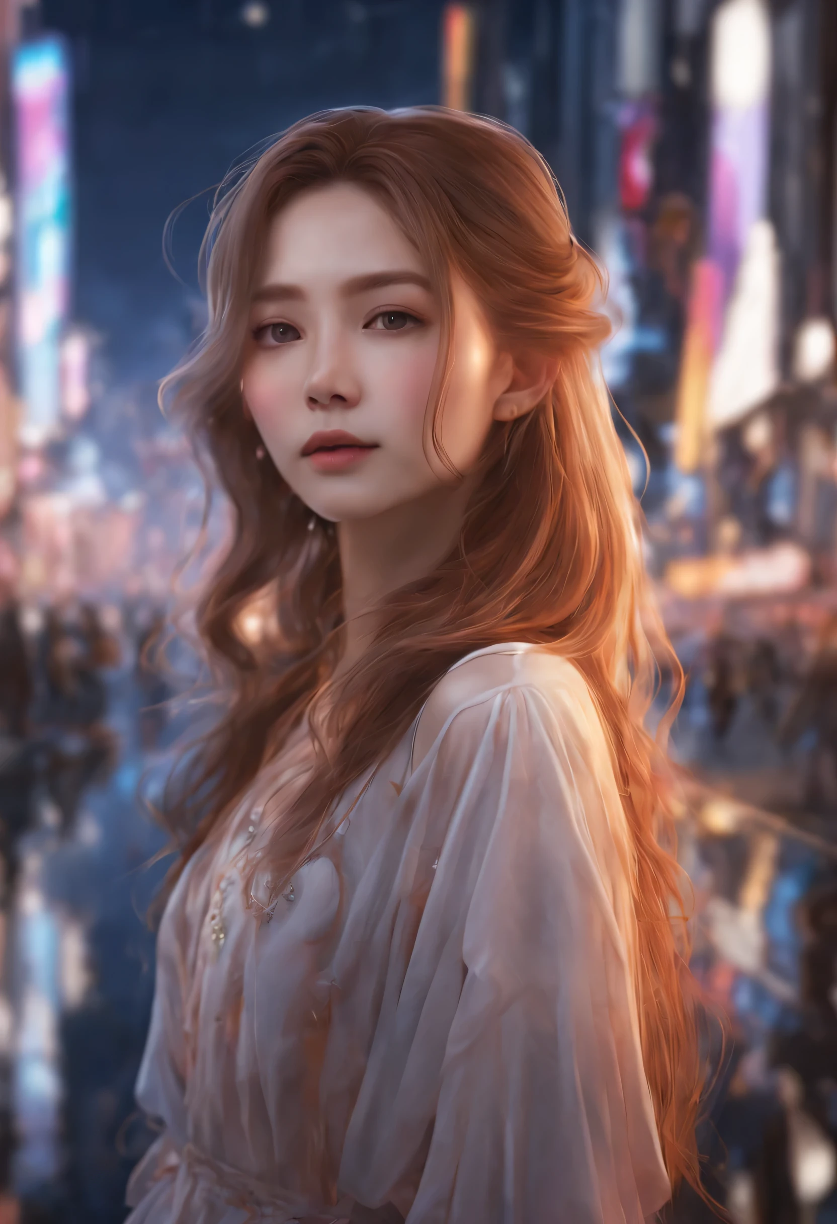 (actual,photoactual:1.37), (high qulity,4K,8K,ultra - detailed:1.3), vivd colour, Superb lighting, (详细的脸:1.5), long and flowing hair, (Beautiful posture:1.3), glowing stars, tranquil ambiance, dreamy aesthetic, City lights, (subtle reflections:1.2), EtherealBeauty