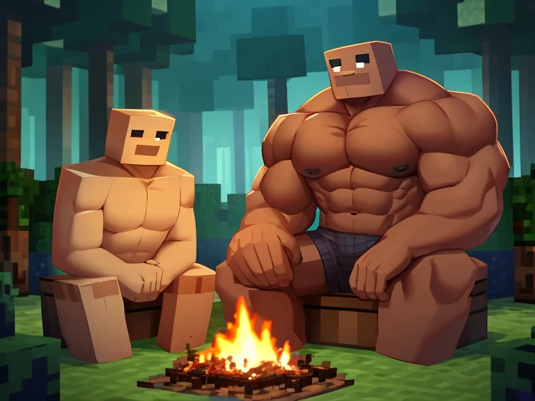 A large muscular golem from Minecraft sits with a girl near a fire in the forest