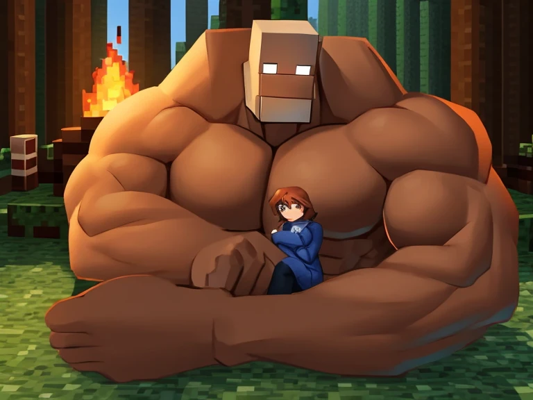A large muscular golem from Minecraft sits with a girl near a fire in the forest