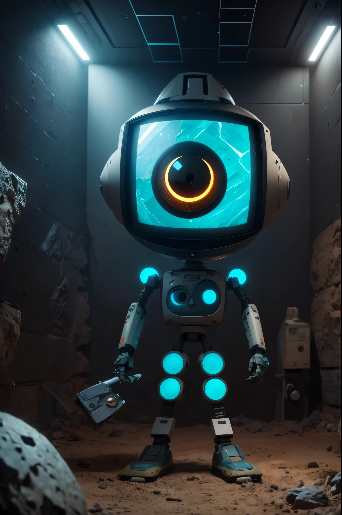 A Modern flat toon Crazy whit a Only Eye Robot, with shield tongs in hands, Tv head, pinhead, camouflage cyan Yellow White Rusty, Ambient in a meteorite crater super detailed, center, beautiful, soft lighting, focused on the character, 4K resolution, photorealistic rendering.