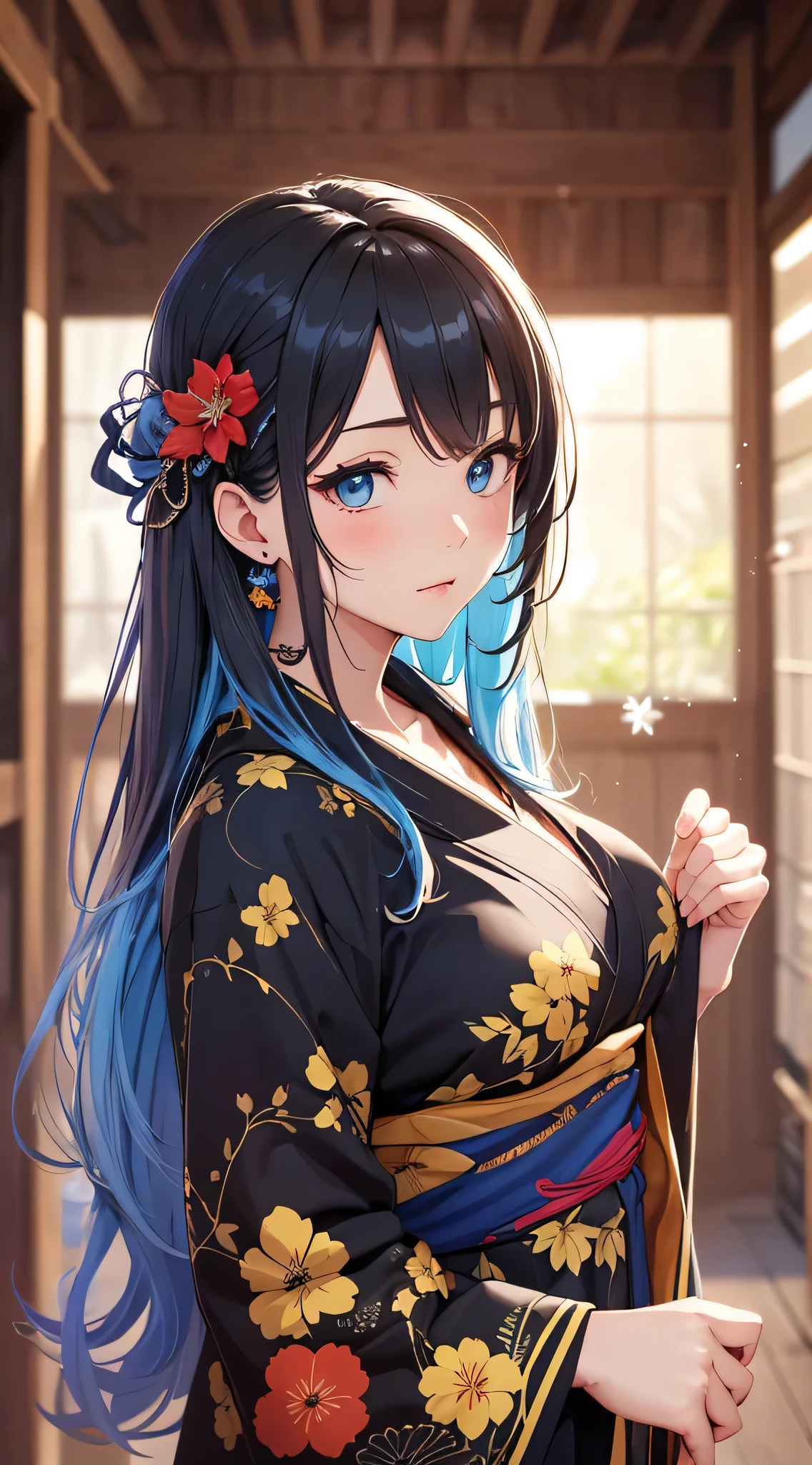top-quality、Top image quality、masterpiece、teens girl((18year old、 Ager、Best Bust、Medium bust,wide open breast tea、light blue eyerest, black and golden hair、A slender,Large valleys、dye one's cheeks red、Black yukata、pretty pose、Holding a fan)),hiquality、Beautiful Art、Background with((Inside the inn、natta、Red carpet))、masutepiece、depth of fields,a picture