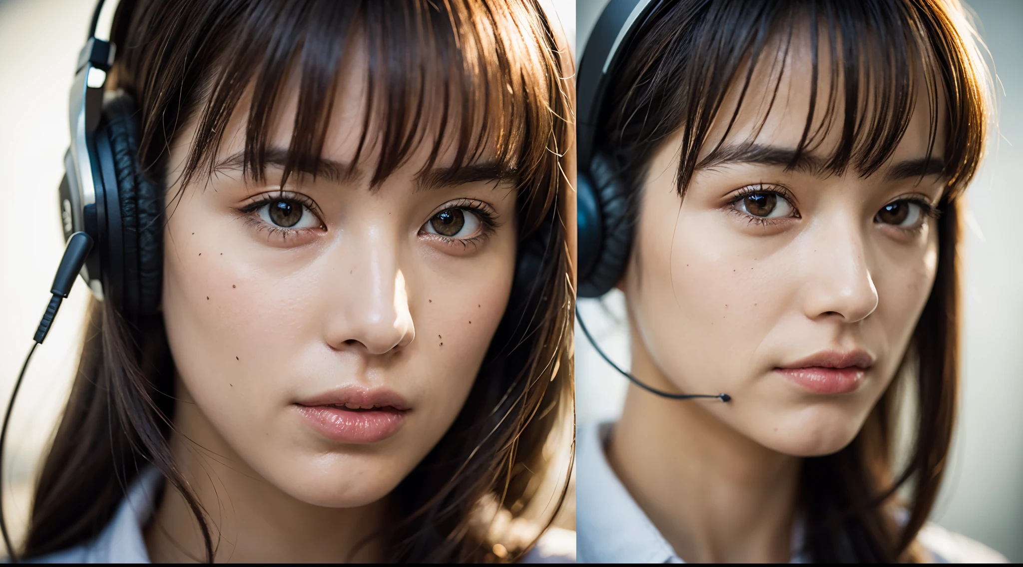 dressed, (photo realistic:1.4), (hyper realistic:1.4), (realistic:1.3), (smoother lighting:1.05), (increase cinematic lighting quality:0.9), 32K, 1girl,20yo girl, realistic lighting, backlighting, light on face, ray trace, (brightening light:1.2), (Increase quality:1.4), (best quality real texture skin:1.4), finely detailed eyes, finely detailed face, finely quality eyes, (tired and sleepy and satisfied:0.0), face closeup, t-shirts with headphones, (Increase body line mood:1.1), (Increase skin texture beauty:1.1)