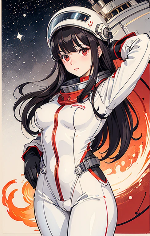 1girl, flat_breasts, cute, beautiful detailed eyes, shiny hair visible through the hair, hair between the eyes, CCCP Poster, Soviet poster, red monochrome, Soviet poster, Soviet, communism,
Black_hair, red eyes, vampire, ager, poor breasts, spacesuit: orange_clothing_body:jumpsuit), white_gloves, white_space, white_shelmet, red letters CCCP on the top of the helmet, weightlessness, side light, reflection, the man in the spacesuit is in the lower left corner of the frame, the right arm is outstretched, the right hand gently touches the Salsa space station "Yuut"), the space station in the upper right corner of the screen, reflected light from the sun, silver metal, red flag, glitter, USSR style, diffuse reflection, metallic texture, blue earth view, fur-style style, sea of stars, high tone, gorgeous