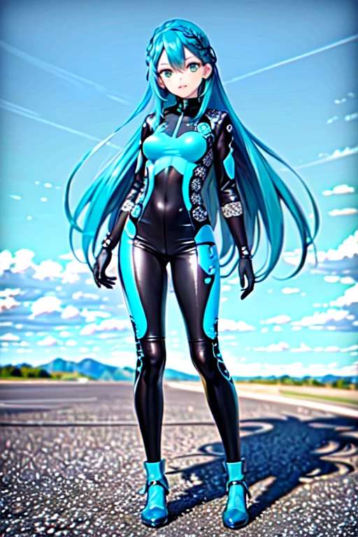 a girl, goddess, full body, (masterpiece:2, best quality:2, high quality:2, real picture, intricate details:2, beautiful detailed:2), (1lady, single female, solo, full body, small breasts, covered chest, full covered leg), best quality, ultra high res, 1girl, beautiful, full body, facing front, (long hair:2, straight hair, himecut, striaght bang, long straight hair), (bright blue hair, sky blue hair, cyan hair:2), soft smile, bright yellow eyes, {blue full-body mechanical armor, blue armor, mechanic suit}, blue metal long tailcoat