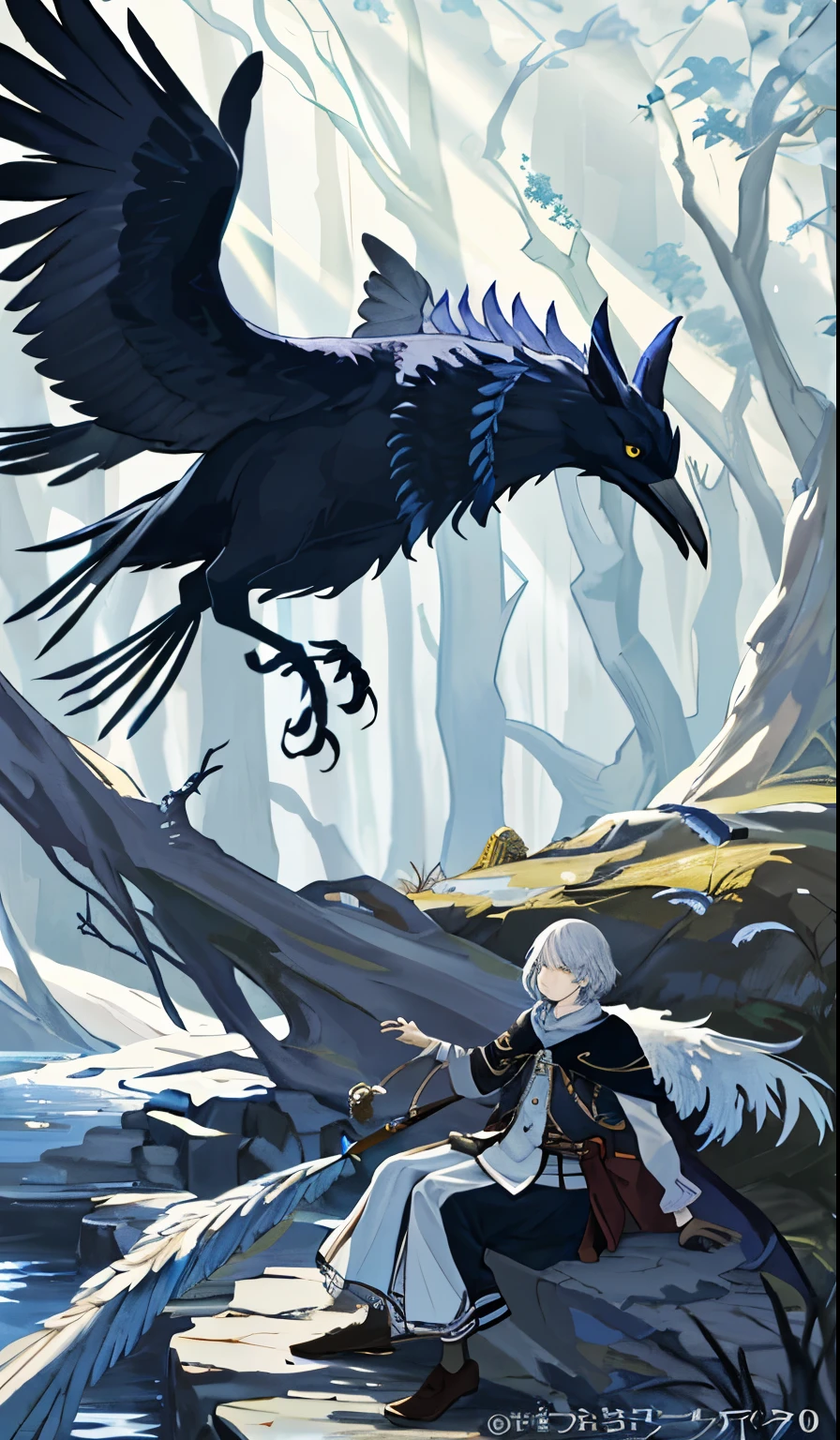 Brian Flood style, oil painted, lightand shade contrast, Manhwa Style, A hybrid creature，Has the body and head of a wolf，But the feathers and tail are those of a crow, Show on the (Cold pressed 300² cottShow on the ), dynamic, The is very detailed, artstatiShow on the, cShow on thecept art, smooth private parts, Focus sharp, illustratiShow on the, Artworks of John William Waterhouse, details by Carl LarssShow on the, detailed cavern background, 60-30-10 Color Rules, warm tShow on thees, llight rays, Studio lighting, white backgrounid, pastelcolor