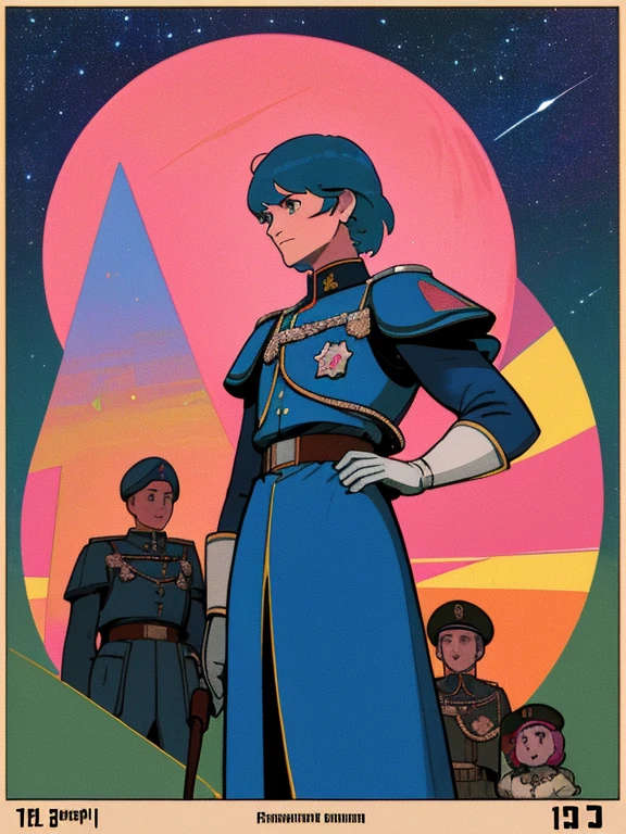 (masterpiece), (best quality), (best detail), (distant general view), (postage stamp),(main color of illustration: bright saturated pink), (secondary color: lapis lazuli), a group of very beautiful military soldiers with defiant posture, very detailed face, vintage advertising poster with Soviet-style letters 60', western futuristic scenery, night (many stars, moon), shading (detailed, much contrast), Highly saturated pulp colors