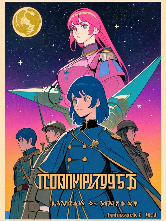 (masterpiece), (best quality), (best detail), (distant general view), (postage stamp),(main color of illustration: bright saturated pink), (secondary color: lapis lazuli), a group of very beautiful military soldiers with defiant posture, very detailed face, vintage advertising poster with Soviet-style letters 60', western futuristic scenery, night (many stars, moon), shading (detailed, much contrast), Highly saturated pulp colors