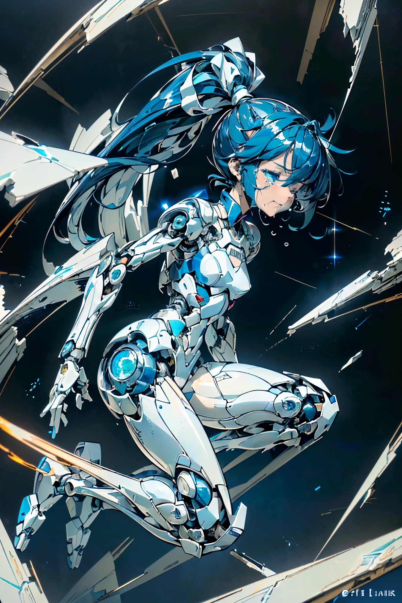 (((masterpiece))), (((Best Quality))), (((high quality))), (((beautiful))), (((8K))), (((highres))), (((absurdres))), (((exquisite))), (((Ultra high definition))), (((High resolution))), Girl Robot, (loli:1.4), (Gamine:1.5), (small breasts:1.4), (Highly detailed and extremely complex mechanics:1.4), (Highly detailed eye depiction:1.4), (Streamlined body based on pure white1.4), White and navy blue pilot suit, White and navy blue tight-fitting clothing, White and navy blue shoulder cover clothes, White and navy blue shiny clothes, navy blue tight fit pants, White and navy blue thigh cover pants, (Super drooping eyes:1.4), (Machine body:1.4), (Mechanical joints:1.4), (A super complex machine visible through its joints:1.4), (Dark blue hair ponytail:1.4), (A long pure white cloth ribbon waving in the wind tied into her hair.:1.4), mecha musume, Mechanical parts, Robot joints, Headgear,  (There are many cracks and scratches on the body and thighs.:1.5), (There are many cracks and scratches on the body and thighs.:1.4), (A battered body with many scratches and cracks:1.4), (A battered body with many scratches and cracks:1.5), (Being hit in the side with a club:1.4), (Being hit in the side with a club:1.5), (My overheated body exploded:1.4), (It exploded, spewing out a large amount of flame from its overheated body.:1.5), (The body overheated and exploded.:1.4), (body divided into pieces:1.5), (A large amount of flame erupts from the cracks in the body and from the mouth.:1.5), (Mouth open:1.4), (Both eyes are closed:1.4), (Close both eyes:1.4), (Crying hard:1.4), (Get down on both knees:1.4), (From Side:1.3), (Looking away:1.3)
