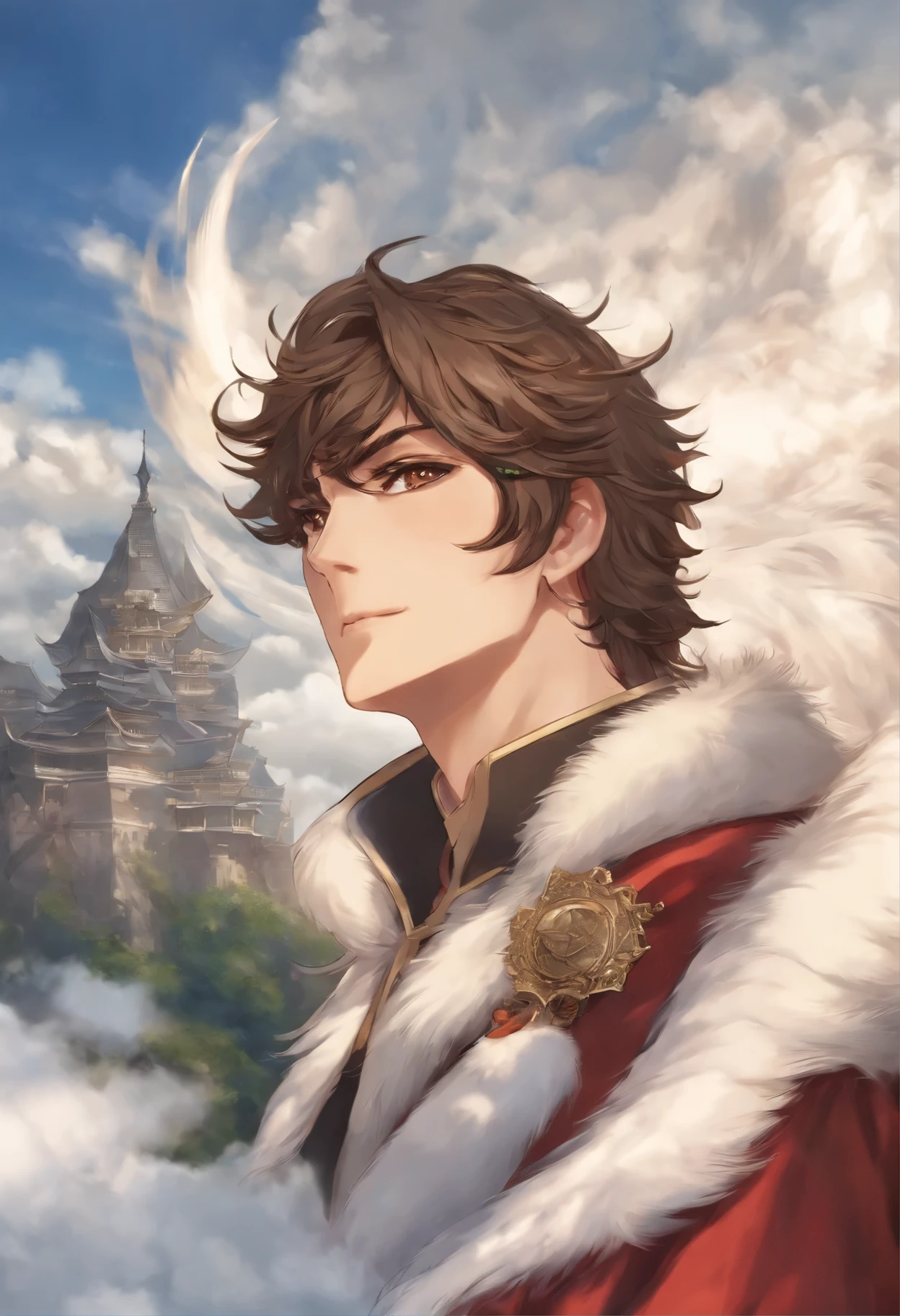 close-up of an owl, Santa Claus walks on the clouds, fluffy clouds, shaggy clouds, casimir art, shigenori soejima illustration, boris valejo. Owl traveler, detailed anime character art, detailed key anime art, Granblue Fantasy, handsome guy in demon slayer art, Taisho Roman, crisp clear rpg portrait, Masamune Shiro, key anime art