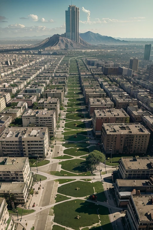 a green fire hydrant in the middle of a city, a matte painting, by Ignacio Zuloaga, destruction around her, green snakes, flattened, the last day on earth