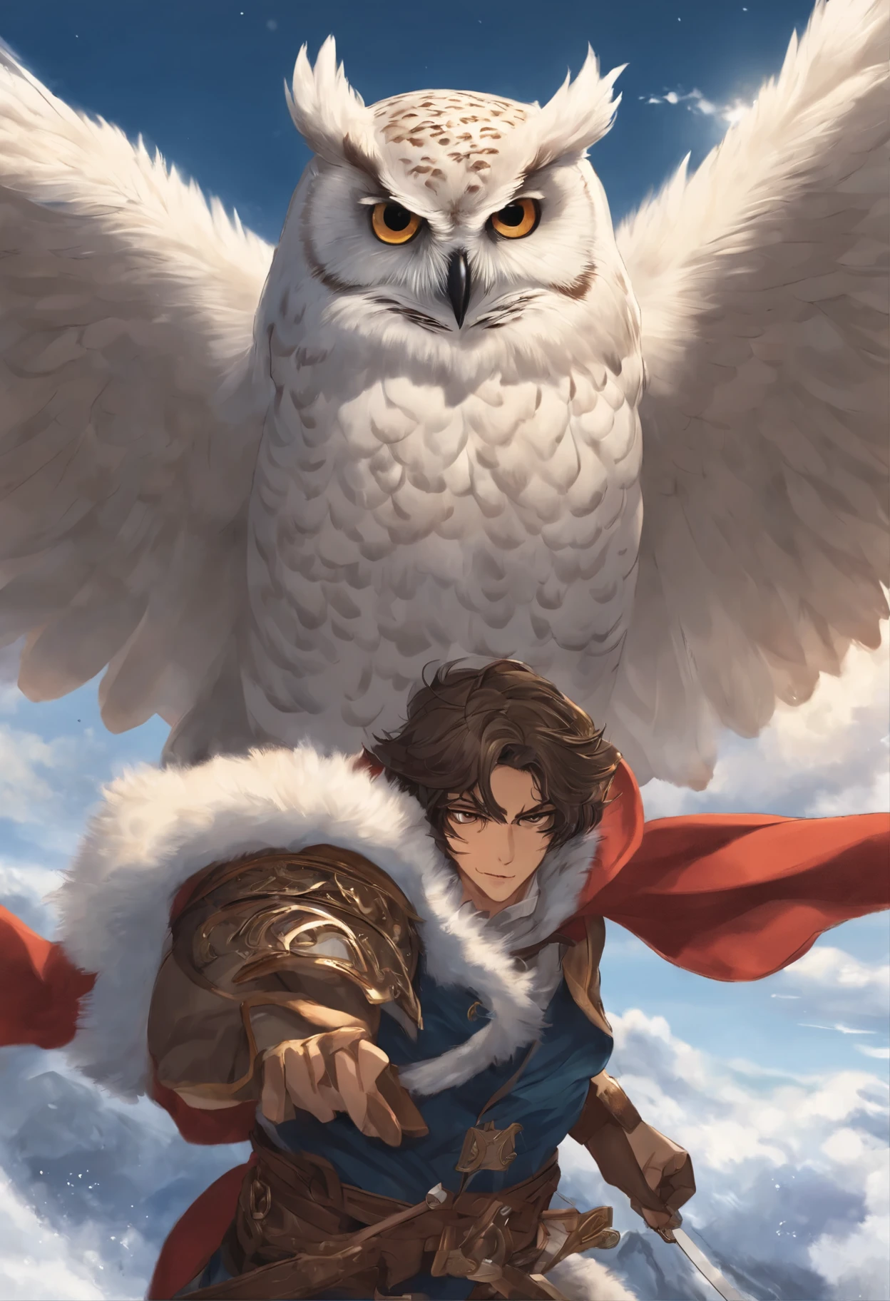 close-up of an owl, Santa Claus walks on the clouds, fluffy clouds, shaggy clouds, casimir art, shigenori soejima illustration, boris valejo. Owl traveler, detailed anime character art, detailed key anime art, Granblue Fantasy, handsome guy in demon slayer art, Taisho Roman, crisp clear rpg portrait, Masamune Shiro, key anime art