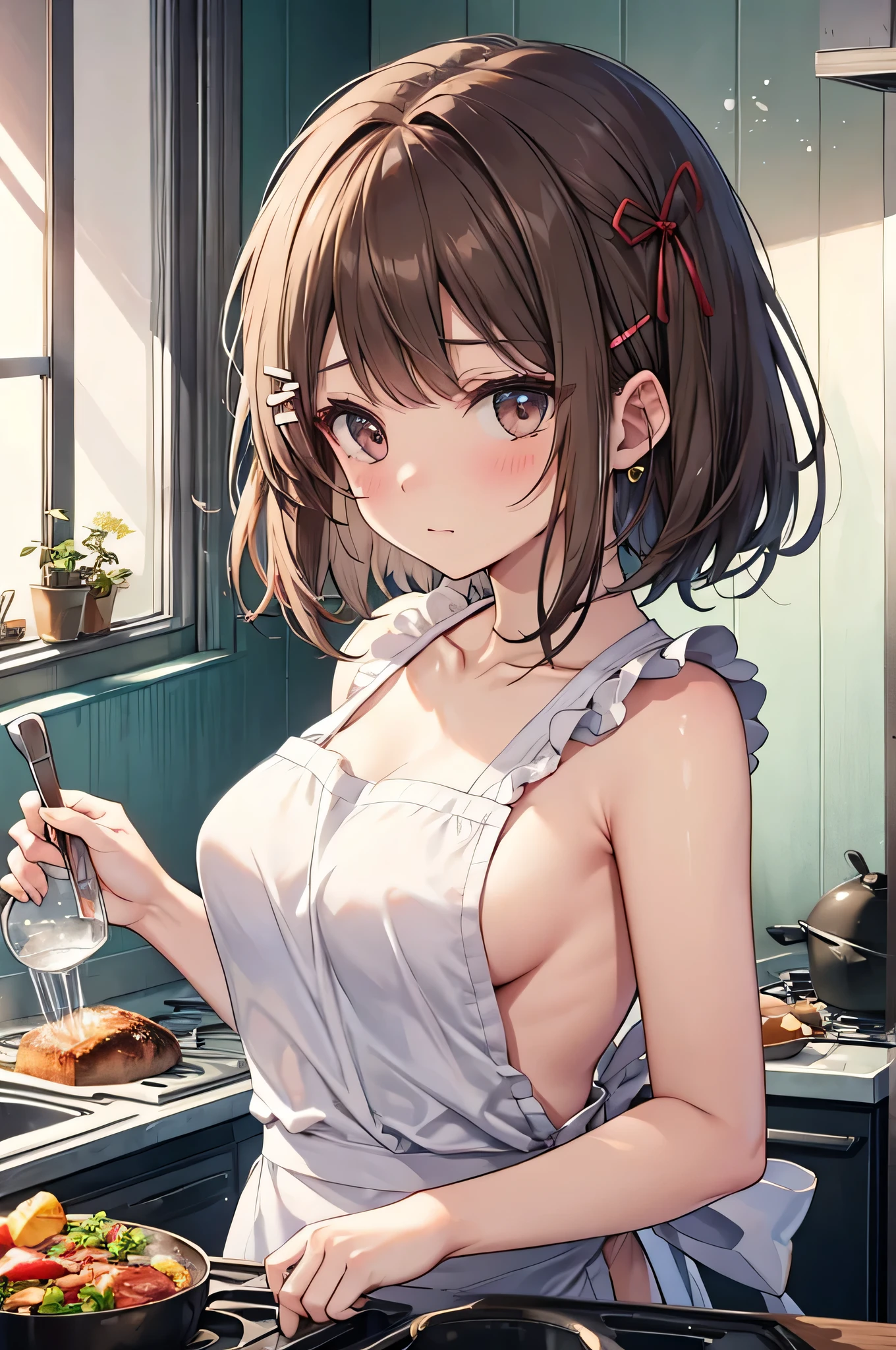 NAKED Apron、brown haired、Hairpin、cuisine、独奏、delicated face、Focus on the face、Plump breasts、Sunlight from the window、Embarrassed face