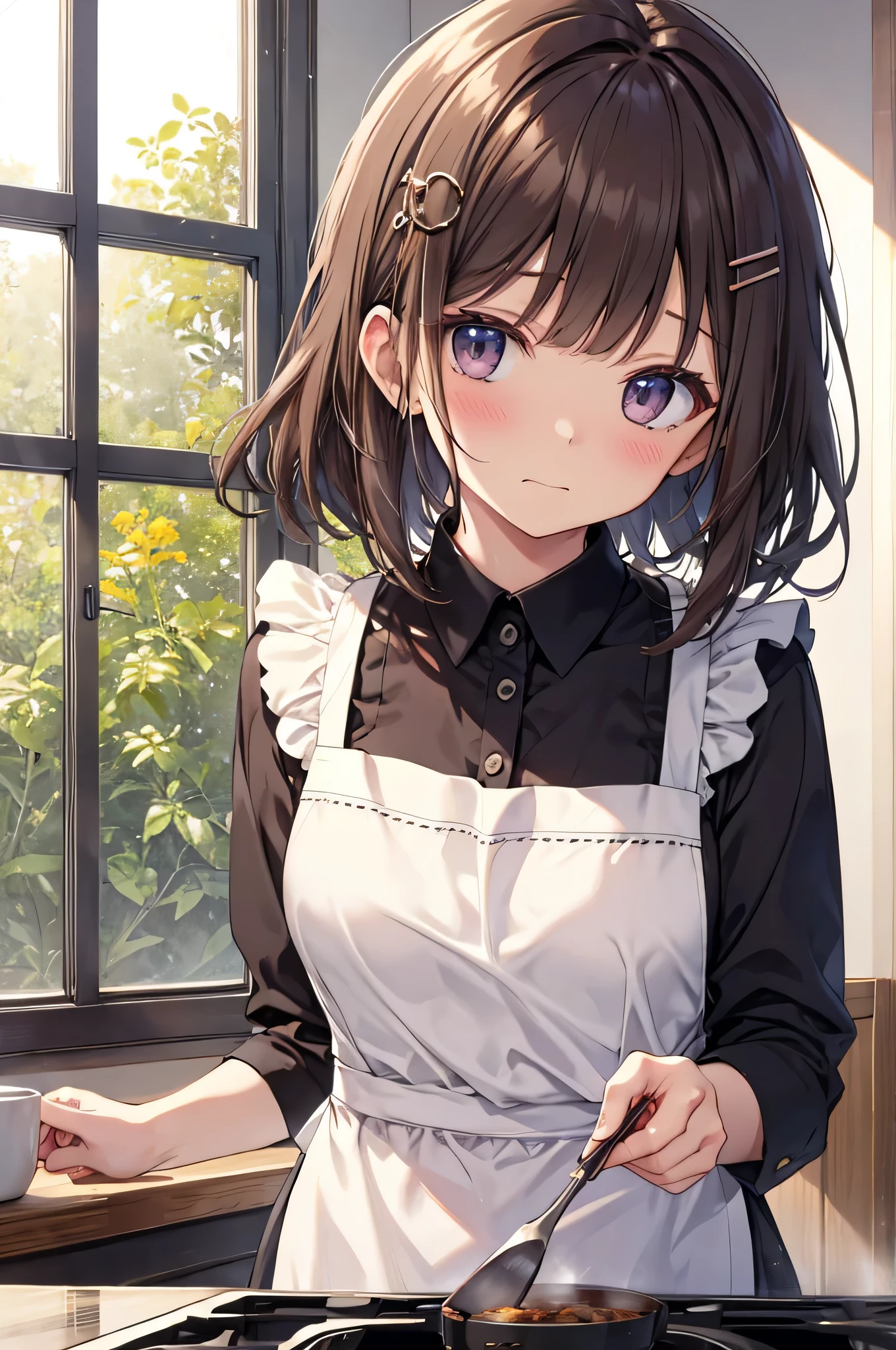 NAKED Apron、brown haired、Hairpin、cuisine、独奏、delicated face、Focus on the face、Plump breasts、Sunlight from the window、Embarrassed face