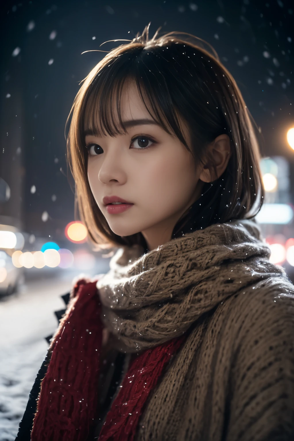 Facing up、(realisitic、Photorealsitic、ultra-detailliert、Highest Details Skins、top-quality、​masterpiece、超A high resolution)、Cute Japan Woman、27yo、1 Actress、I have bangs、二重まぶた、drooing eyes、Japanese style face、purity、realisiticな肌質、Thick muffler、Grey muffler、fluffy hair、((Hair is inside the scarf:1.3))、Red cheeks、The wind is blowing、It's snowing、natta、illuminations、Lighting from behind