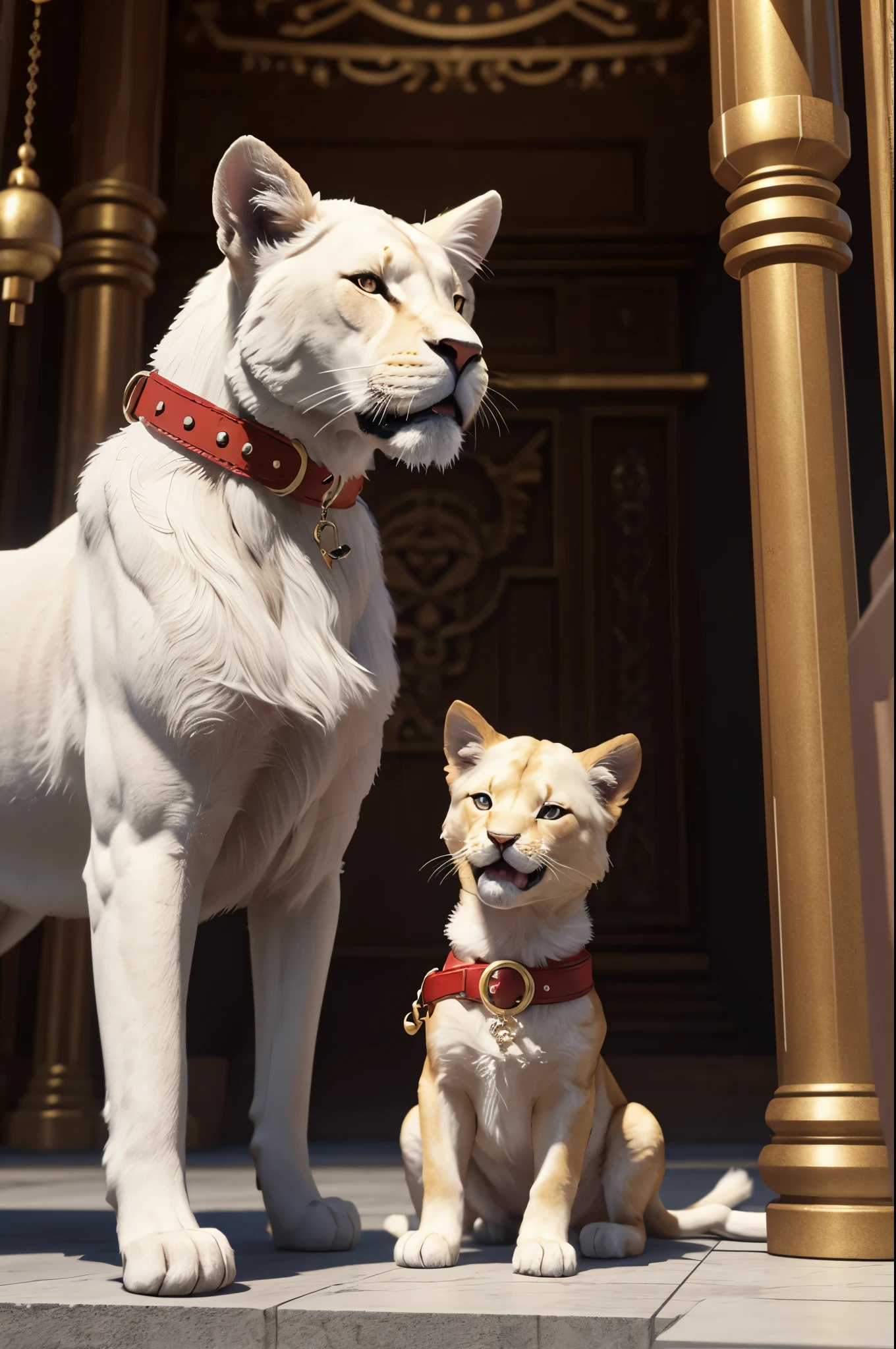 K,There is a small white puppy with a red magatama collar., cute 3d render, anthropomorphic little dog, rendered in redshift, semi - realistic render, maxwell render, super detailed render, highly detailed render, render naughty dog, hyper realistic detailed rendering, fully detailed render, Adorable Digital Painting, hyper real render, hyper realistic rendering,In front of the altar inside the temple,lion,