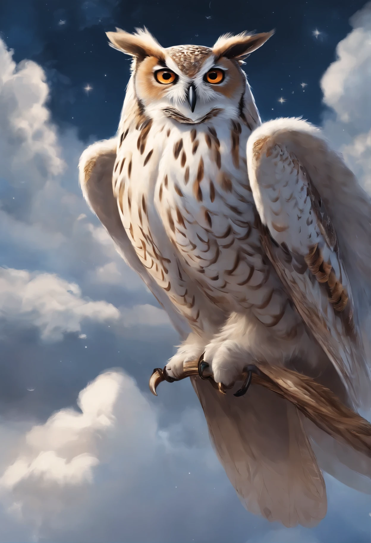 close-up of an owl, Santa Claus walks on the clouds, fluffy clouds, shaggy clouds, casimir art, shigenori soejima illustration, boris valejo. Owl Girl, detailed anime character art, detailed key anime art, Granblue Fantasy, Beautiful owl in demon slayer art, Taisho Roman, crisp clear rpg portrait, Masamune Shiro, key anime art