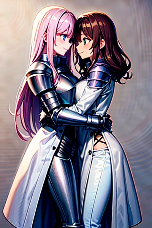 two girls couple hugging each other, full body, (different hair collor, different clothing), {{tall female knight wearing blue mechanical armor, pink long straight hair, light pink hair, cool pale face, bright blue eyes, blue plate armor, light blue armor}}, {{short lady wearing white lab coat, dark brown shoulder-long curly hair, deep brown hair, light brown face, happy smile, dark brown eyes, white cotton coat, white pants}}