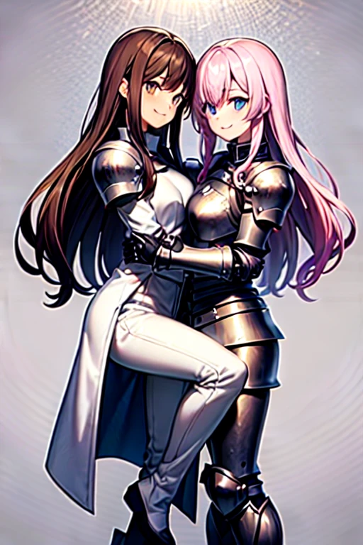2girls, couple, cuddling, (masterpiece, best_quality, ultra-detailed, immaculate:1.3), epic, illustration, paladin villainess, (armor:1.3), pauldrons, matte black hair with pink highlights, Crown Twist, arms behind head, in a overgrown, desolate casino, on a starbase, bombshell hair, auburn hair, Flipped In Hair, __color_hair__, contrapposto<lora:EnvyBeautyMix13-orig:1>
