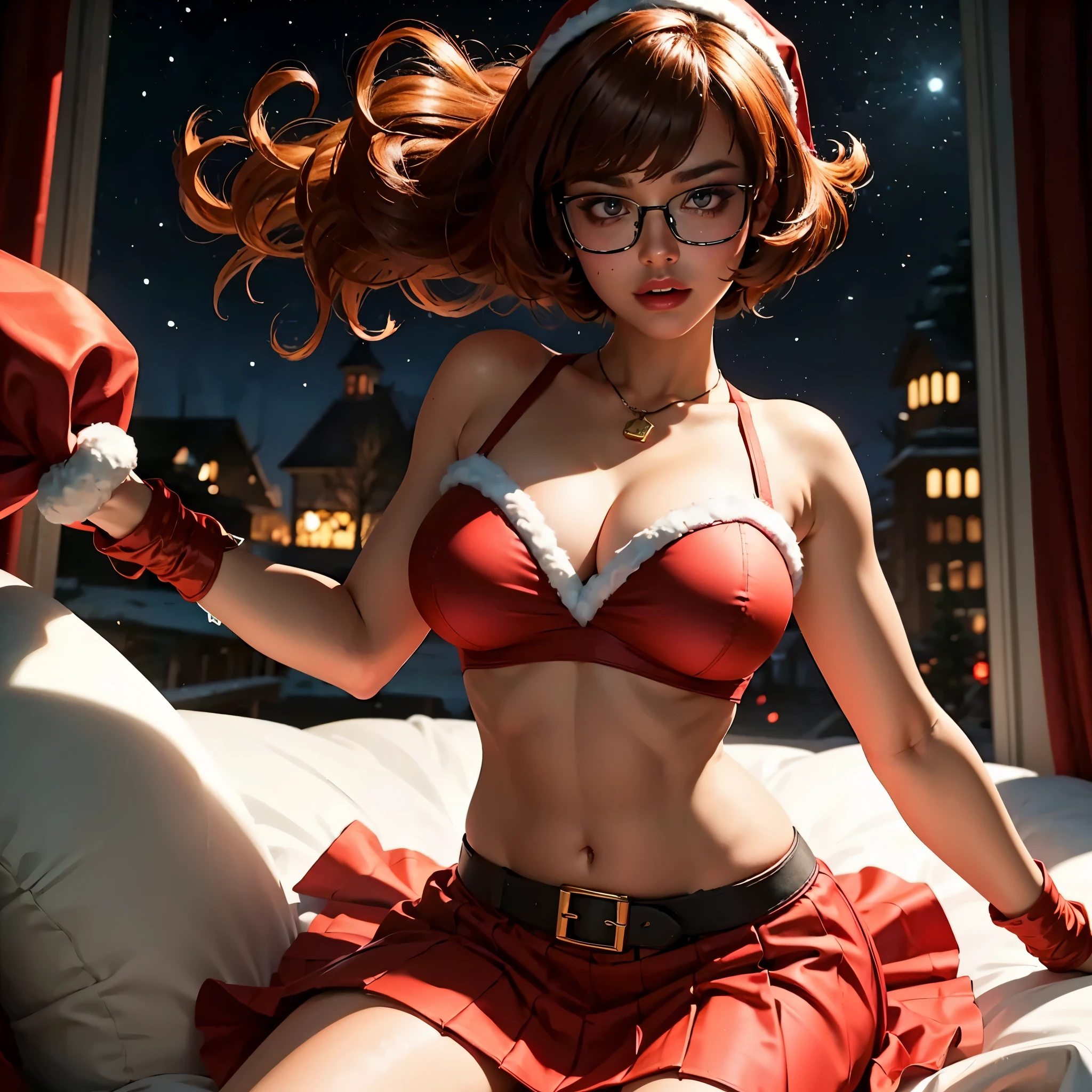 Generate an image of Velma from Scooby-Doo, best quality, (masterpiece:1.2), (highly detailed), (dynamic pose:1.2), 1girl, solo, looking at viewer, short hair, santa costume and skirt, (large breast:1,7), brown hair, brown eyes, red santa pleated skirt, glasses, sit, red santa strapless bra, Generate an image of a detailed haunted classroom with eerie lighting, tattered curtains, creaky desks, christmas tree and ghostly apparitions. Generate a dark and eerie scene with a frightening atmosphere., masterpiece, best quality:1.2),,(8k,highres,RAW photo,realistic,photo-realistic:1.3),(detailed skin texture,detailed cloth texture,beautiful detailed face:1.25),professional lighting,photon mapping,beautiful soft light,radiosity,physically-based rendering,raytracing, model shoot style, model shoot style, (extremely detailed CG unity 8k wallpaper), full shot body photo of the most beautiful artwork in the worldsically-based rendering,raytracing, model shoot style, model shoot style, (extremely detailed CG unity 8k wallpaper), full shot body photo of the most beautiful artwork in the world