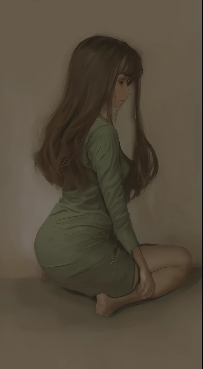 Realistic, Studio lighting, a woman sitting on the ground with her legs crossed, hands between here thighs, sitting pose, character is in her natural pose, full body profile pose, girl figure, mid body portrait